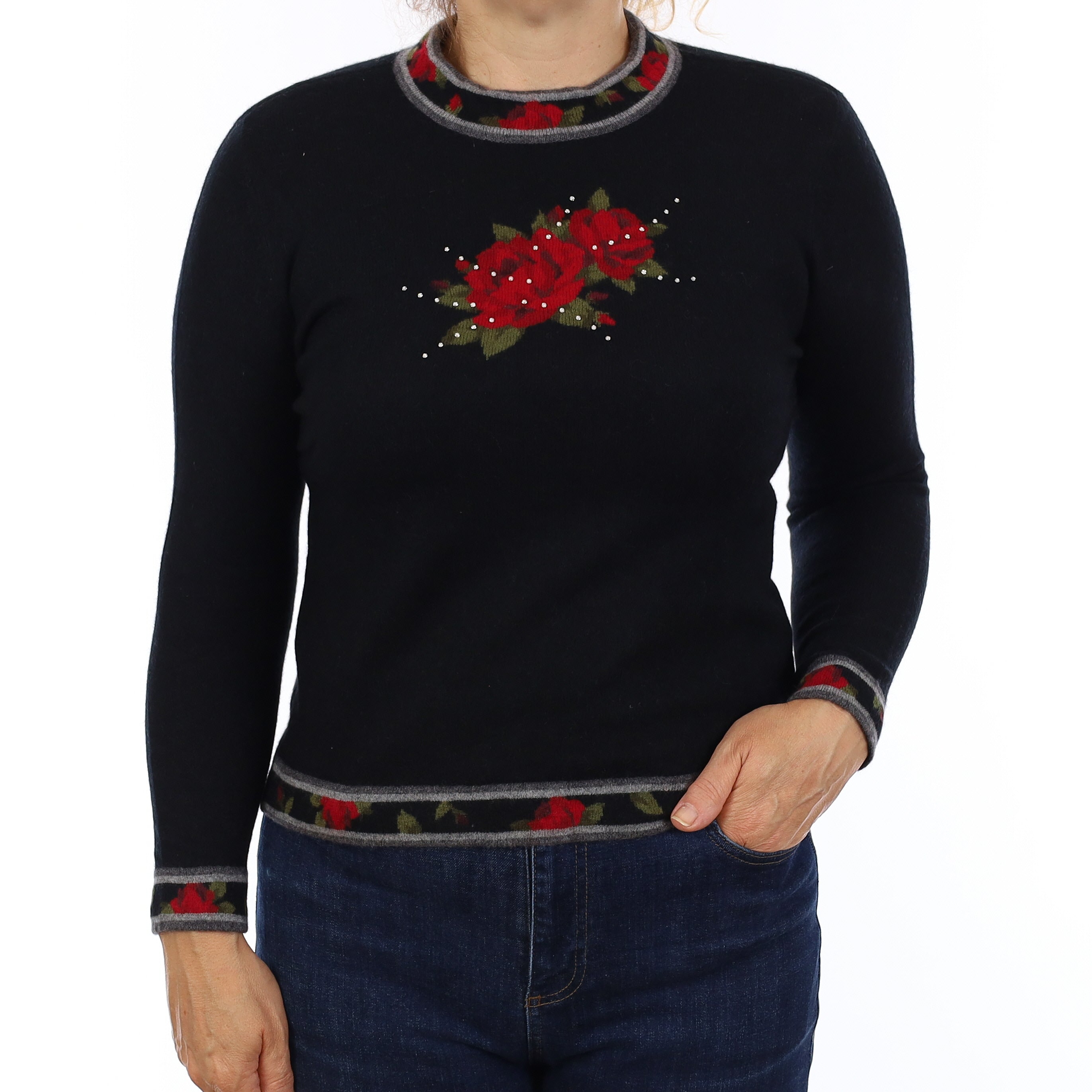 Black Floral Diamanté Cashmere Turtleneck Jumper Medium