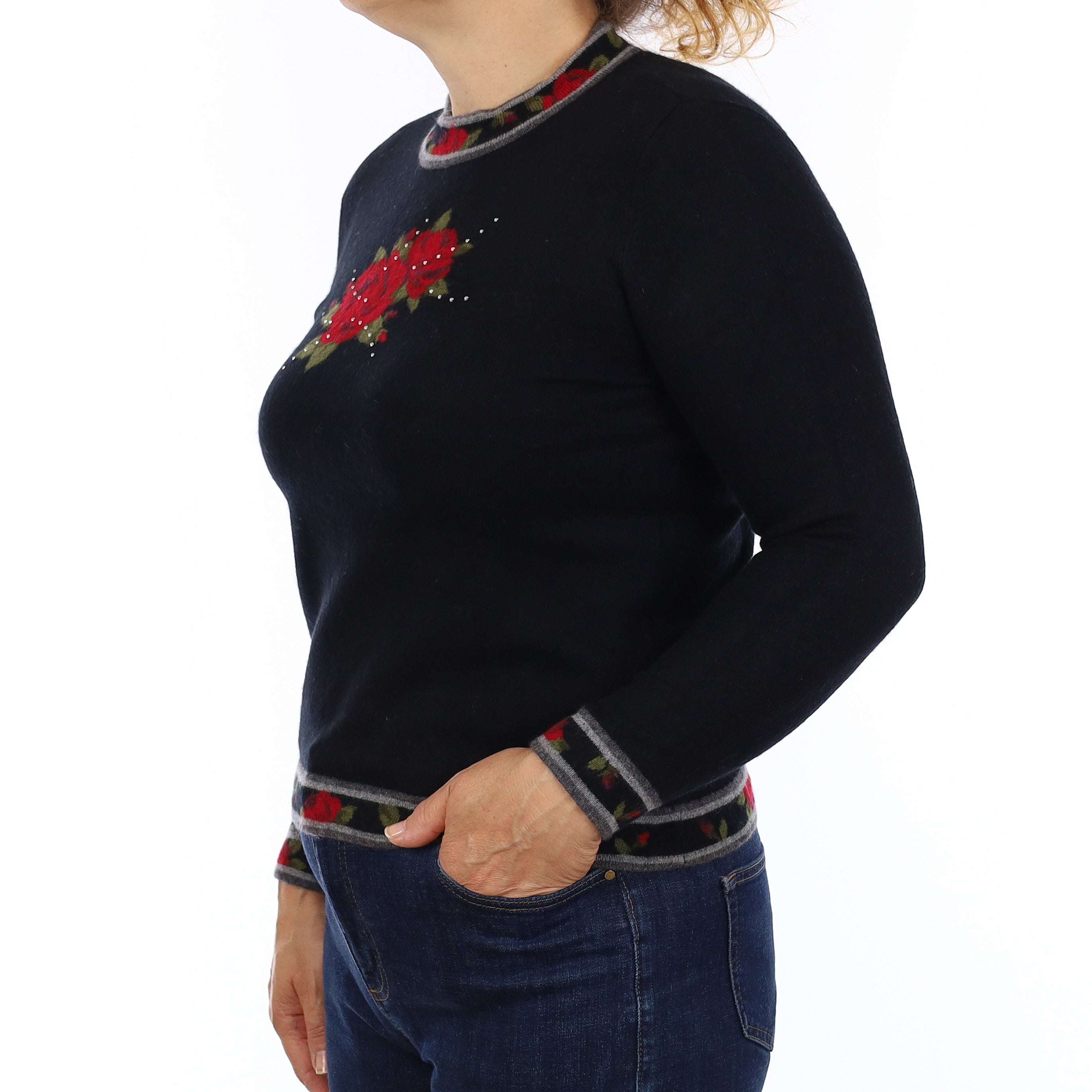 Black Floral Diamanté Cashmere Turtleneck Jumper Medium
