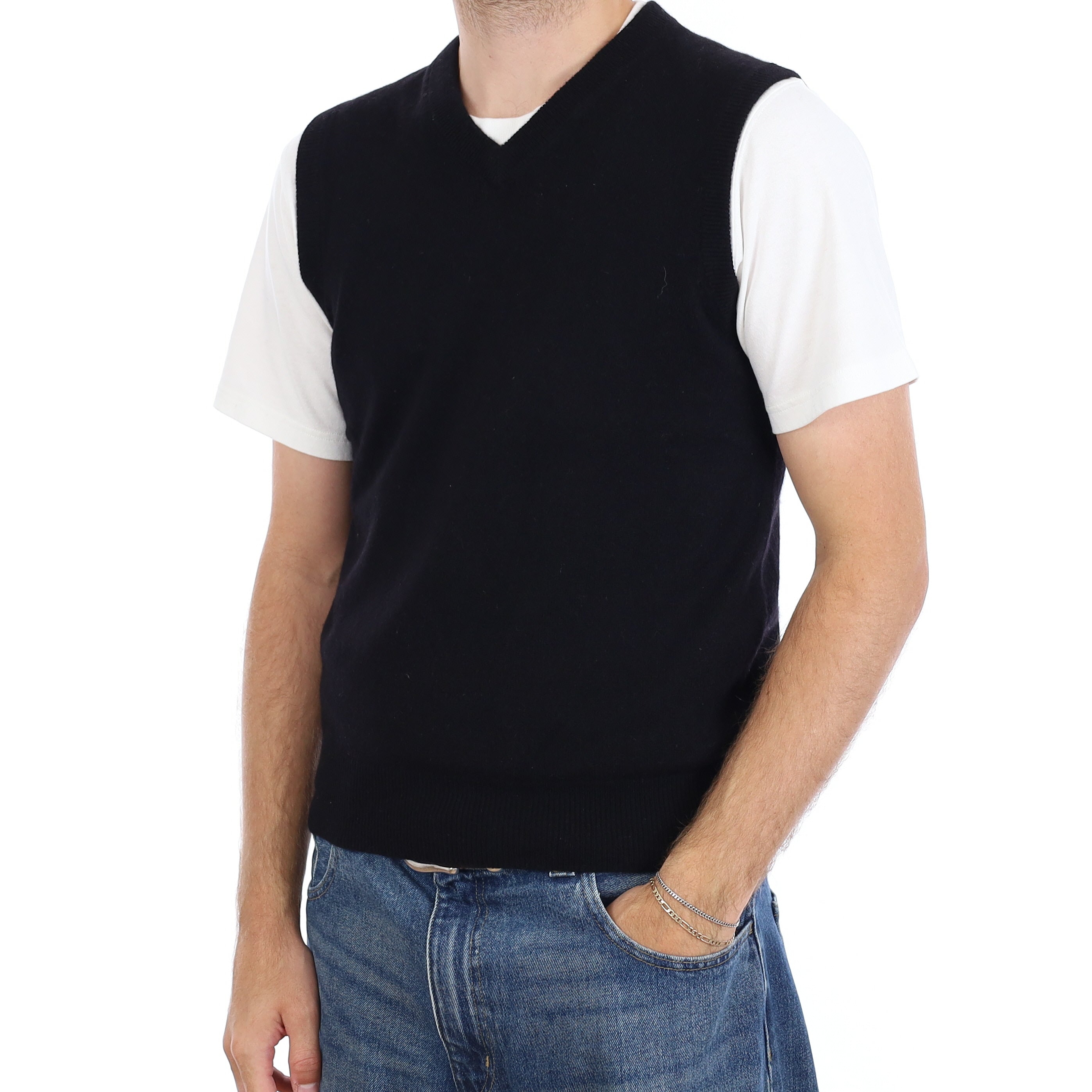 Men's Black Cashmere V Neck Tank Top Medium