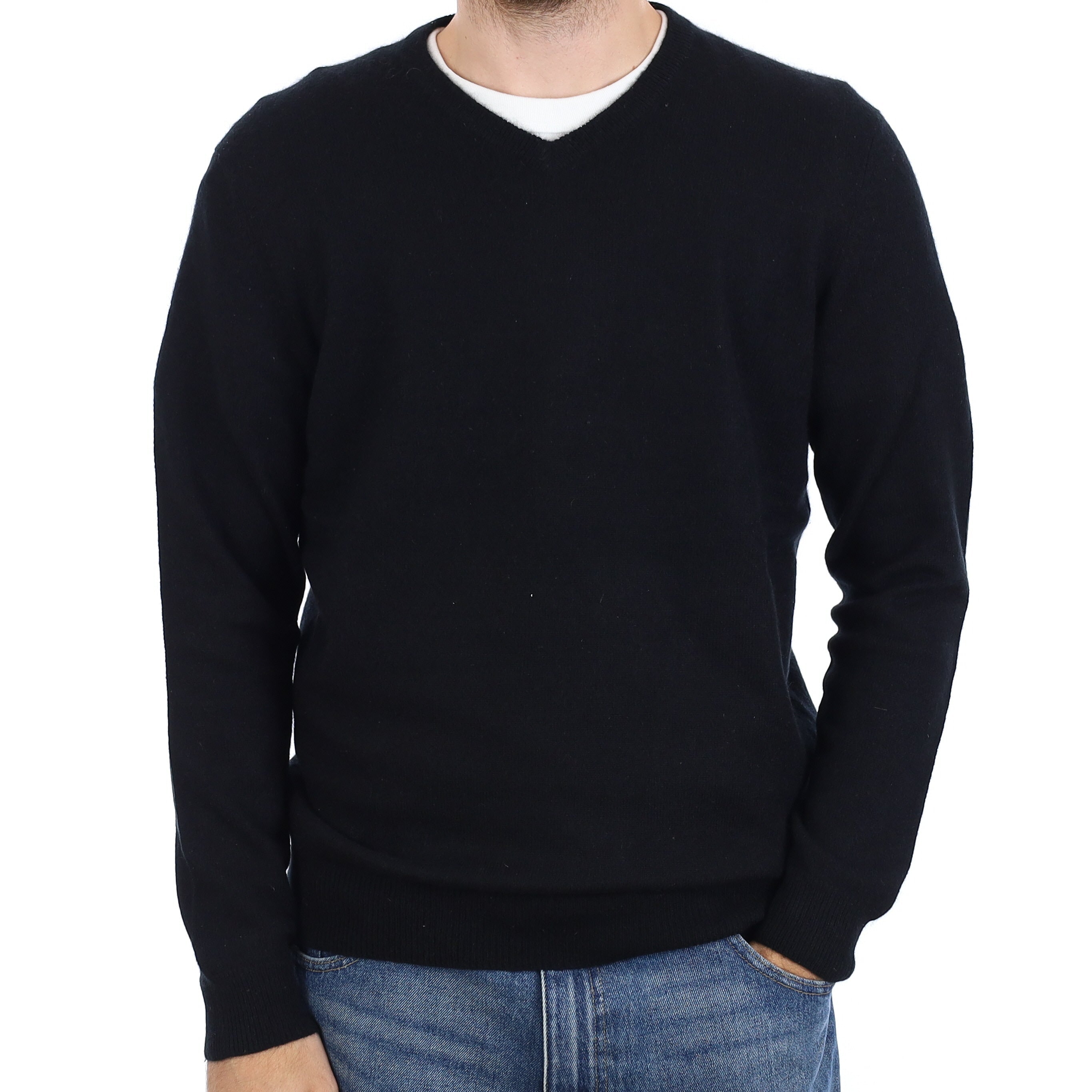 Men's Black Cashmere V Neck Jumper Medium