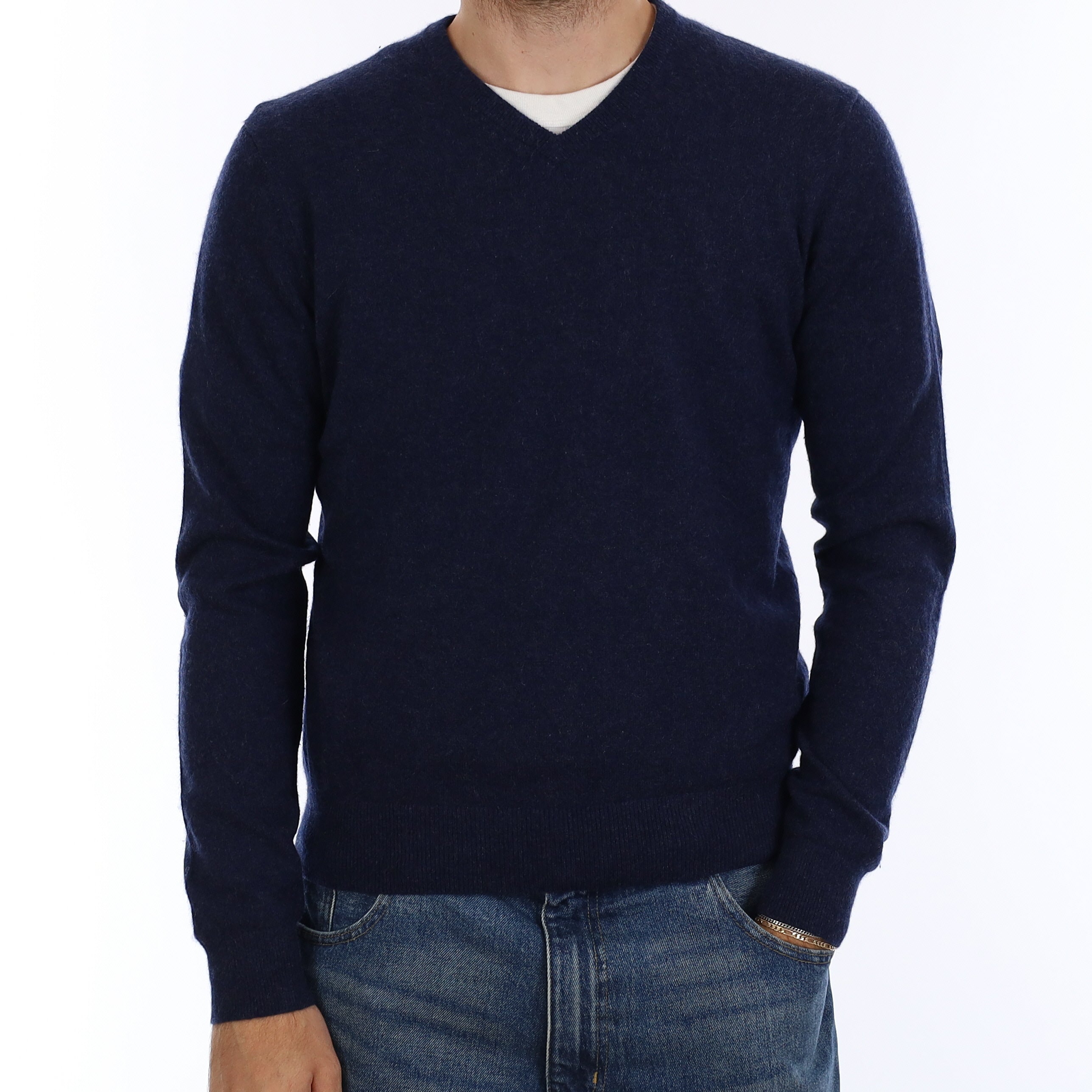 Men's Navy and Charcoal Marl Cashmere V Neck Jumper Medium