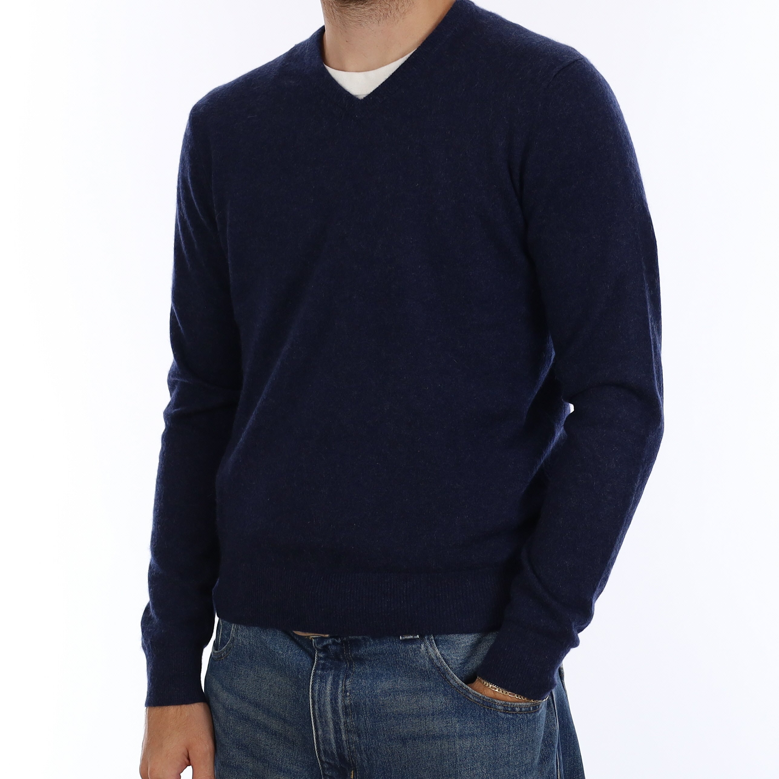 Men's Navy and Charcoal Marl Cashmere V Neck Jumper Medium