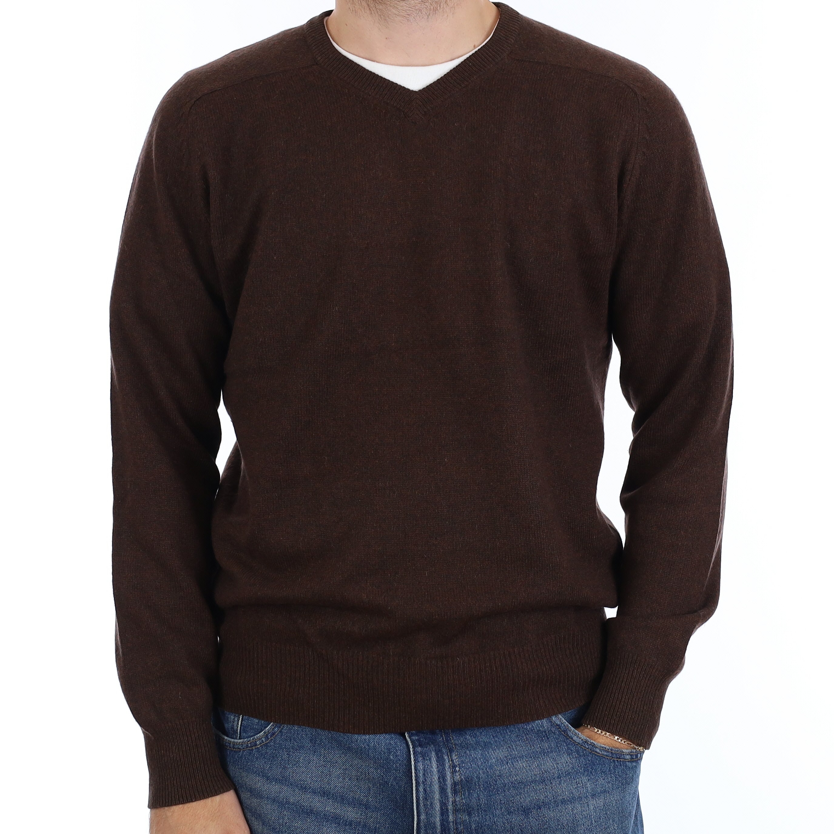 Men's Chocolate Brown Cashmere V Neck Jumper Medium