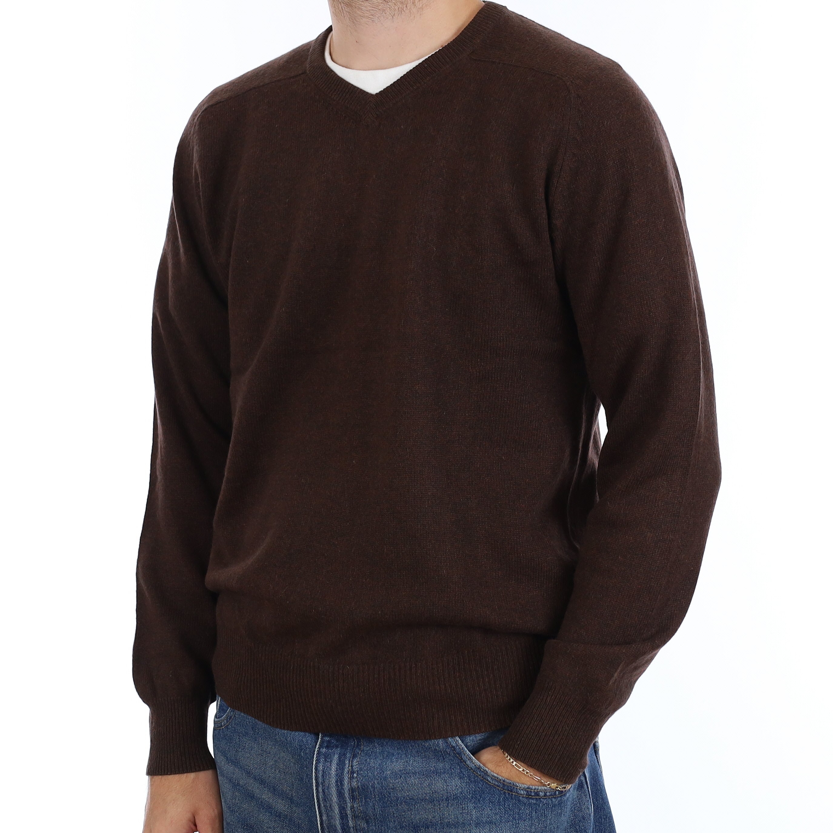 Men's Chocolate Brown Cashmere V Neck Jumper Medium