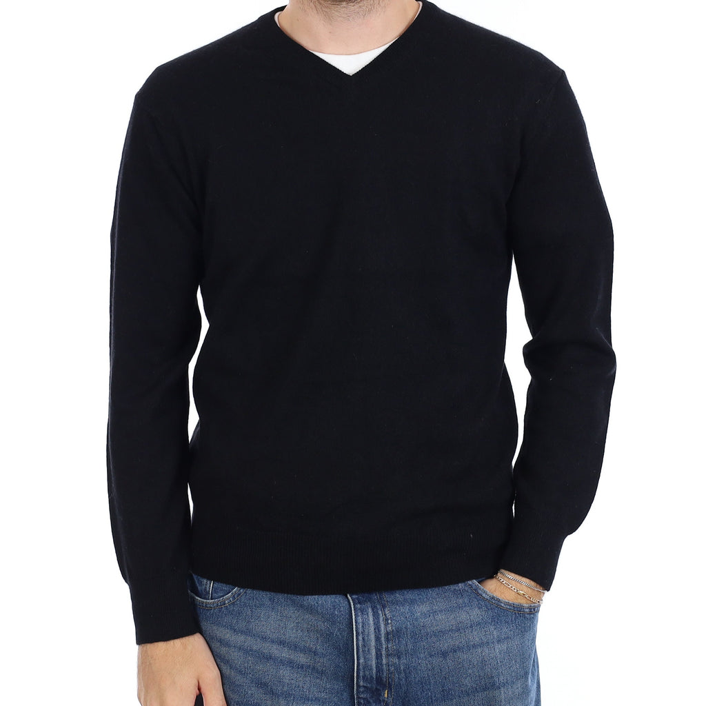 Men's Black Cashmere V Neck Jumper Medium