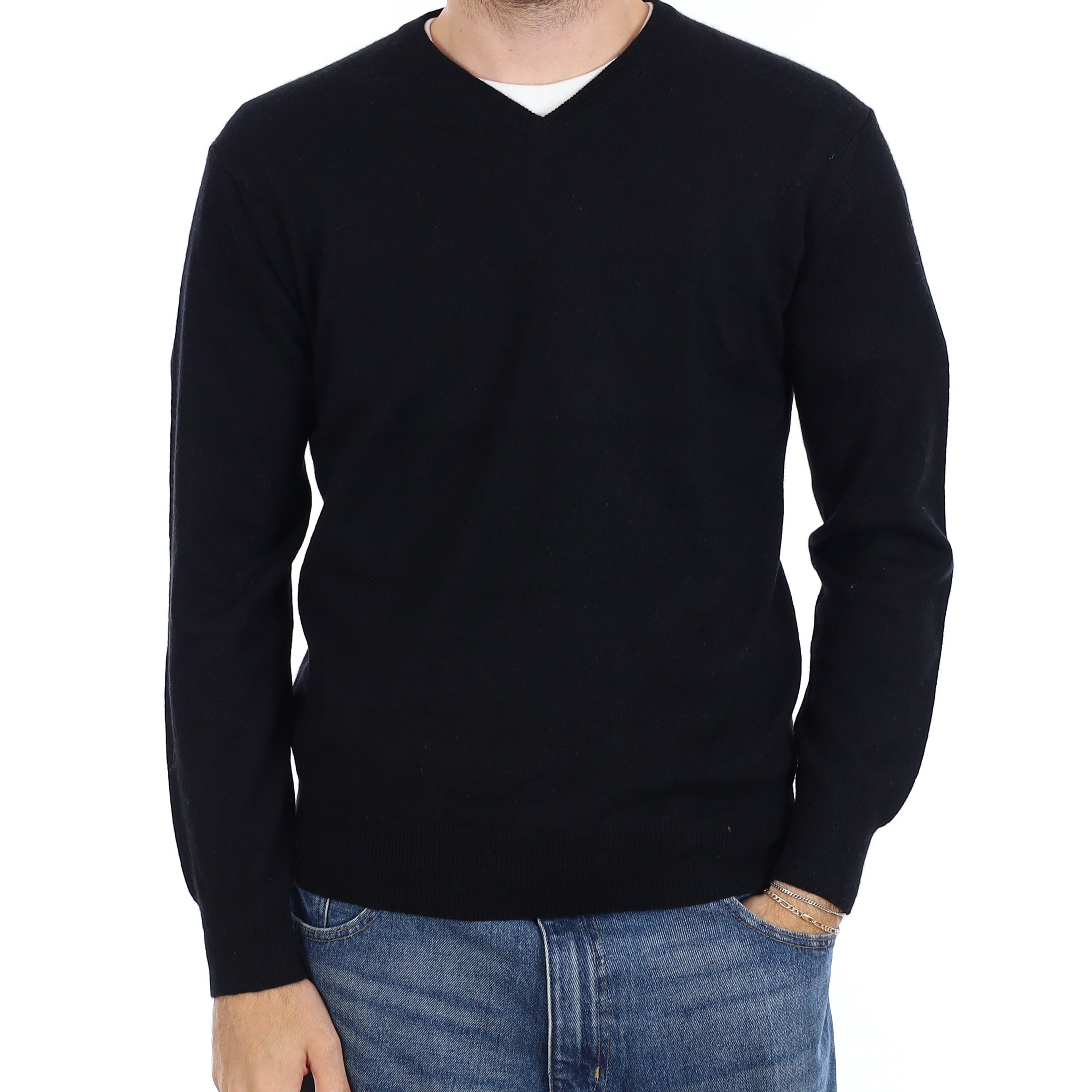 Men's Black Cashmere V Neck Jumper Medium