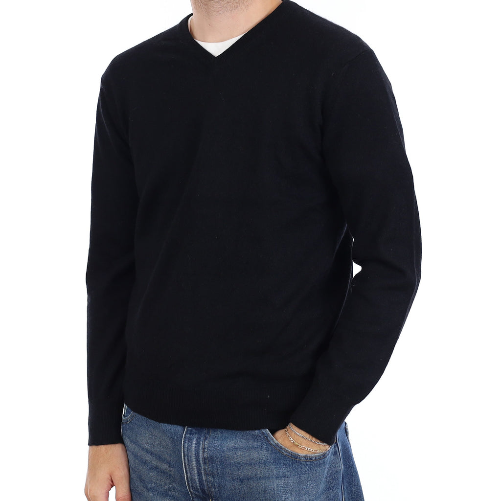 Men's Black Cashmere V Neck Jumper Medium