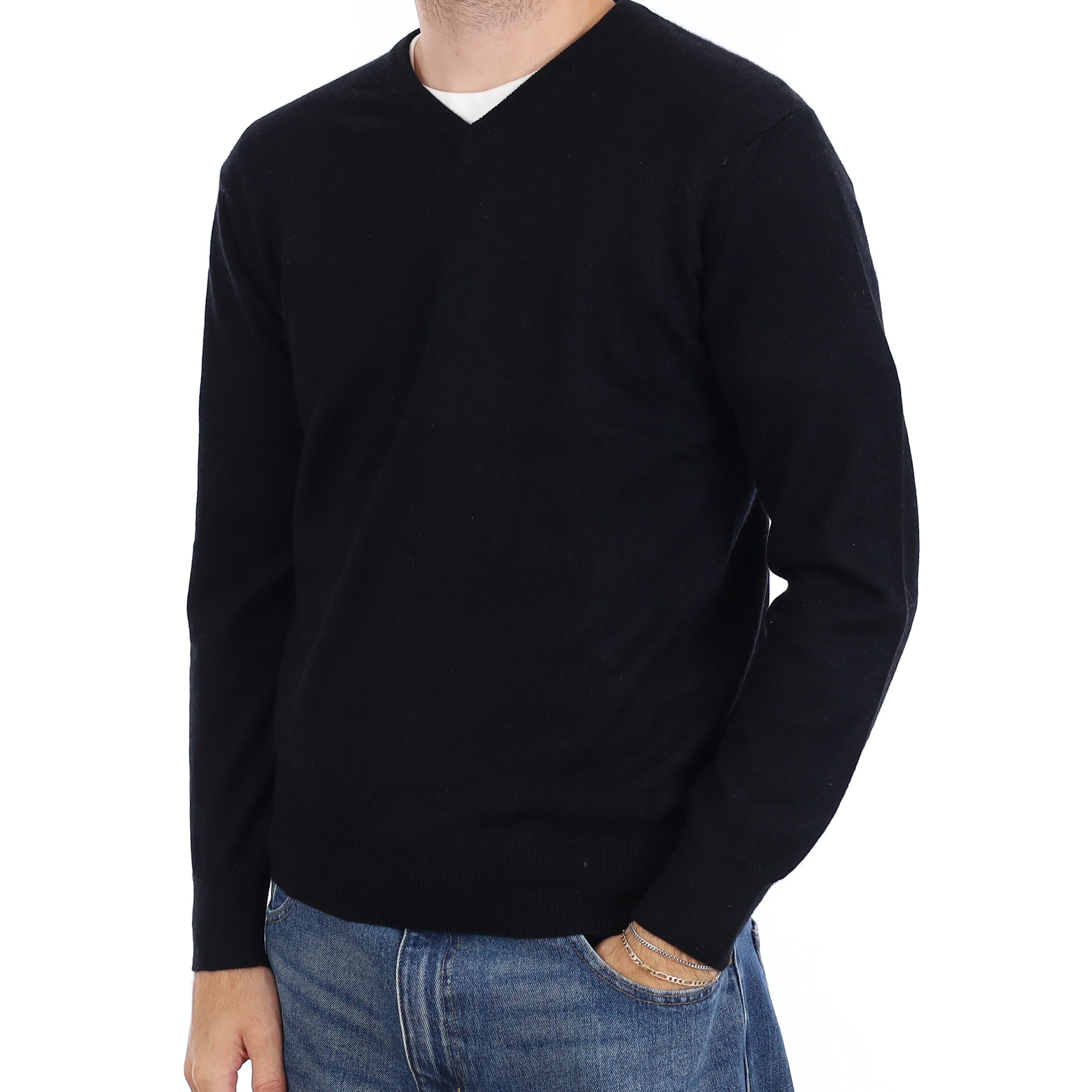 Men's Black Cashmere V Neck Jumper Medium