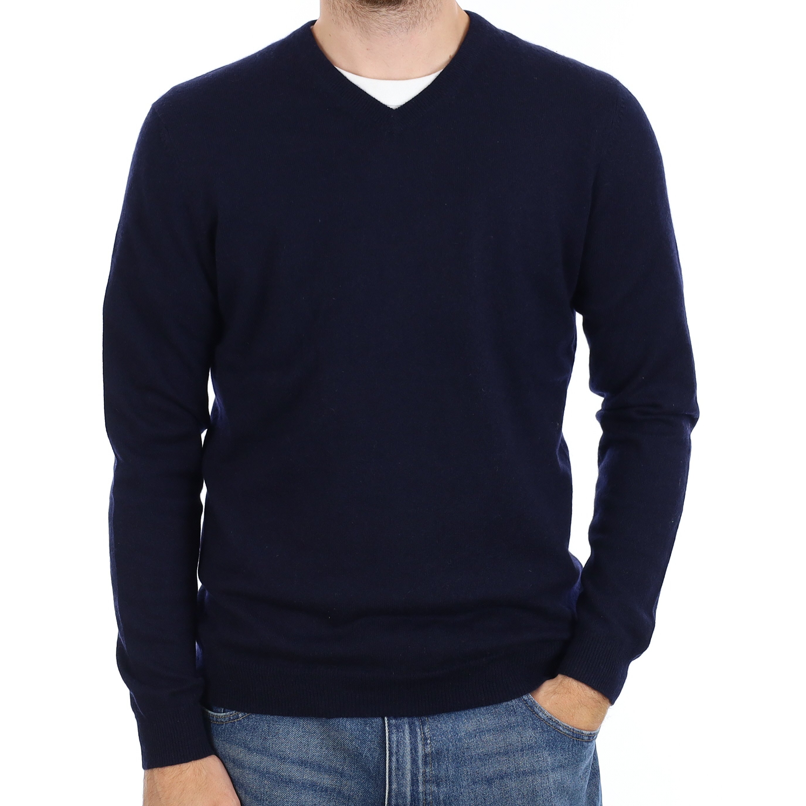 Men's Dark Navy Cashmere V Neck Jumper Medium