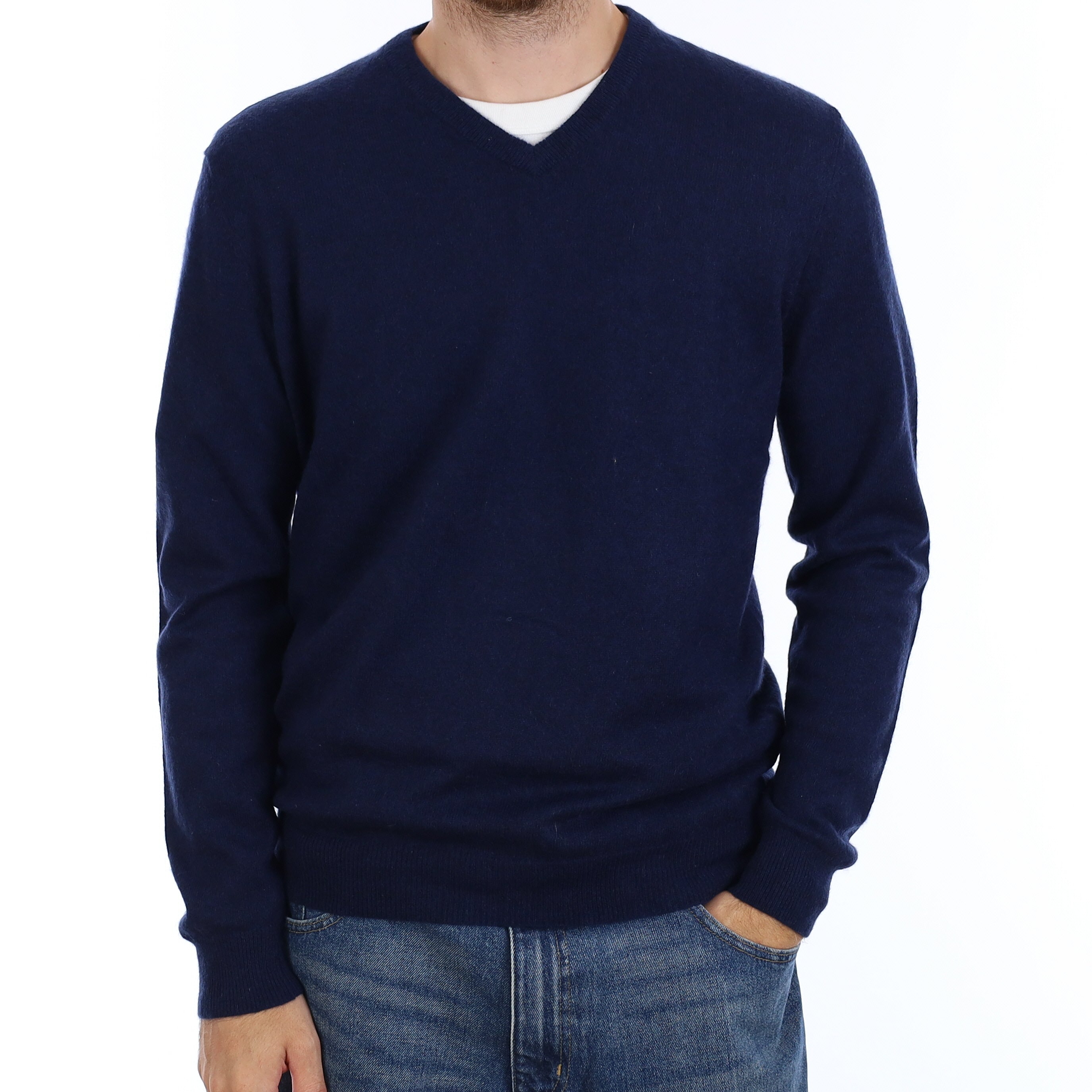 Men's Navy Cashmere V Neck Jumper Medium