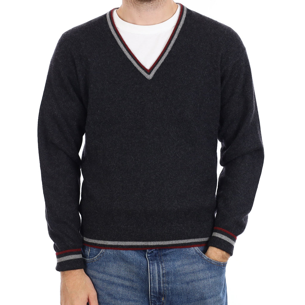 Men's Charcoal Grey Burgundy Trimmed Cashmere V Neck Jumper Medium