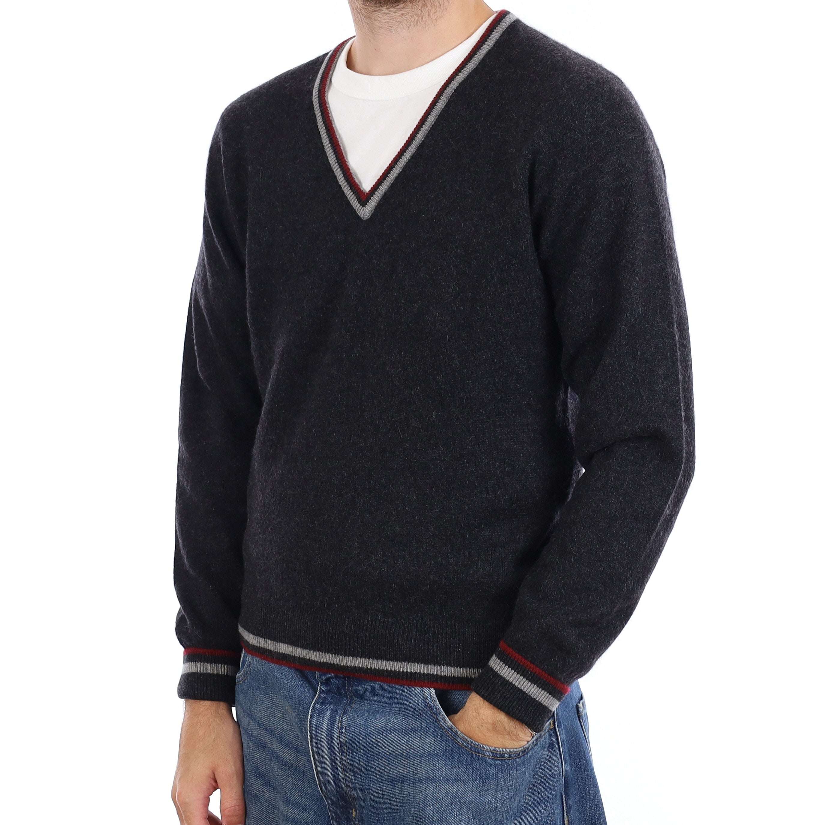 Men's Charcoal Grey Burgundy Trimmed Cashmere V Neck Jumper Medium