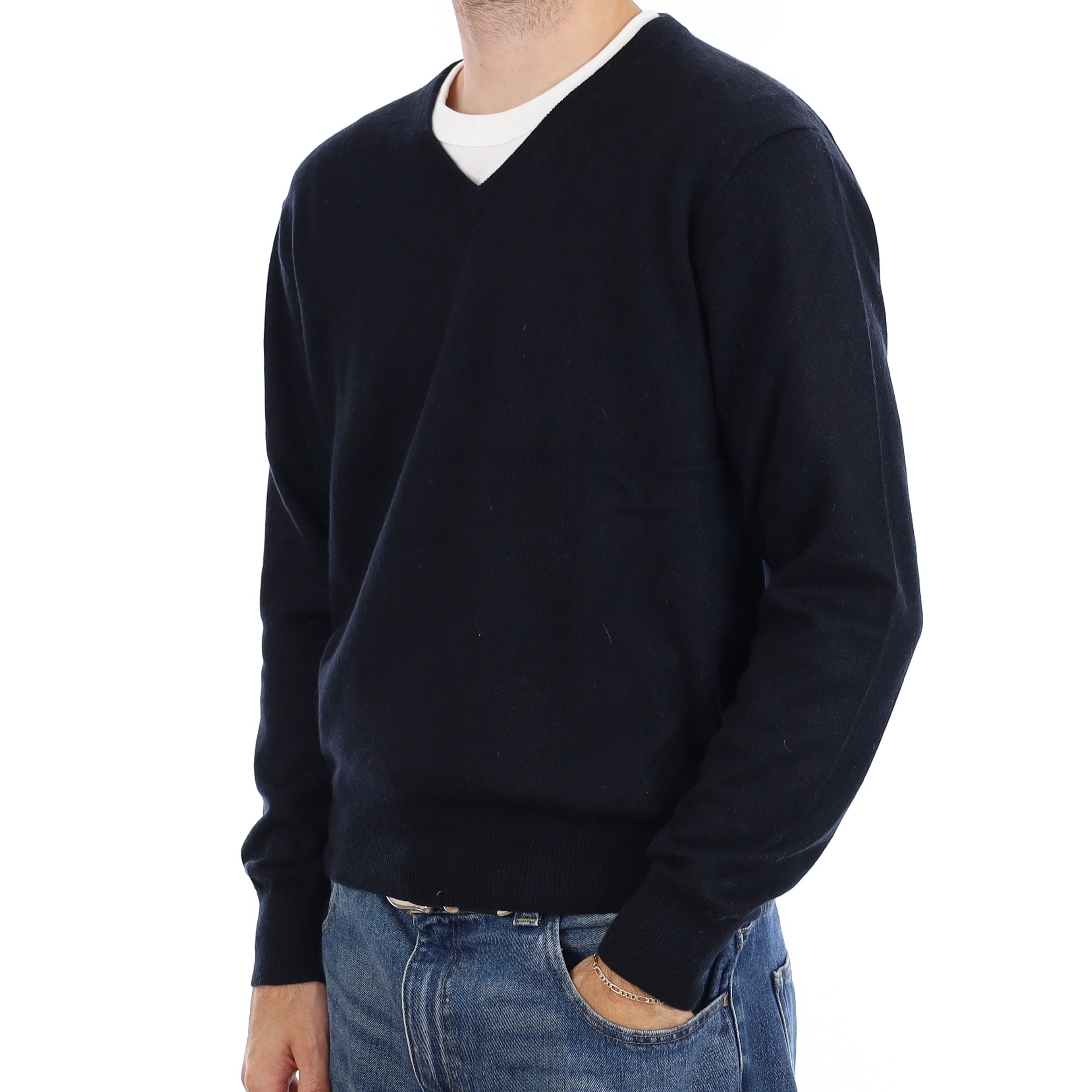 Men's Black Cashmere V Neck Jumper Medium