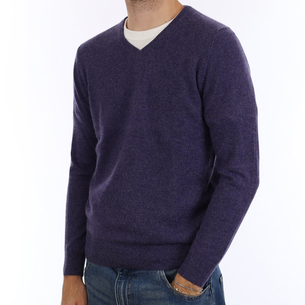 Men's Deep Amethyst Purple Cashmere V Neck Jumper Medium
