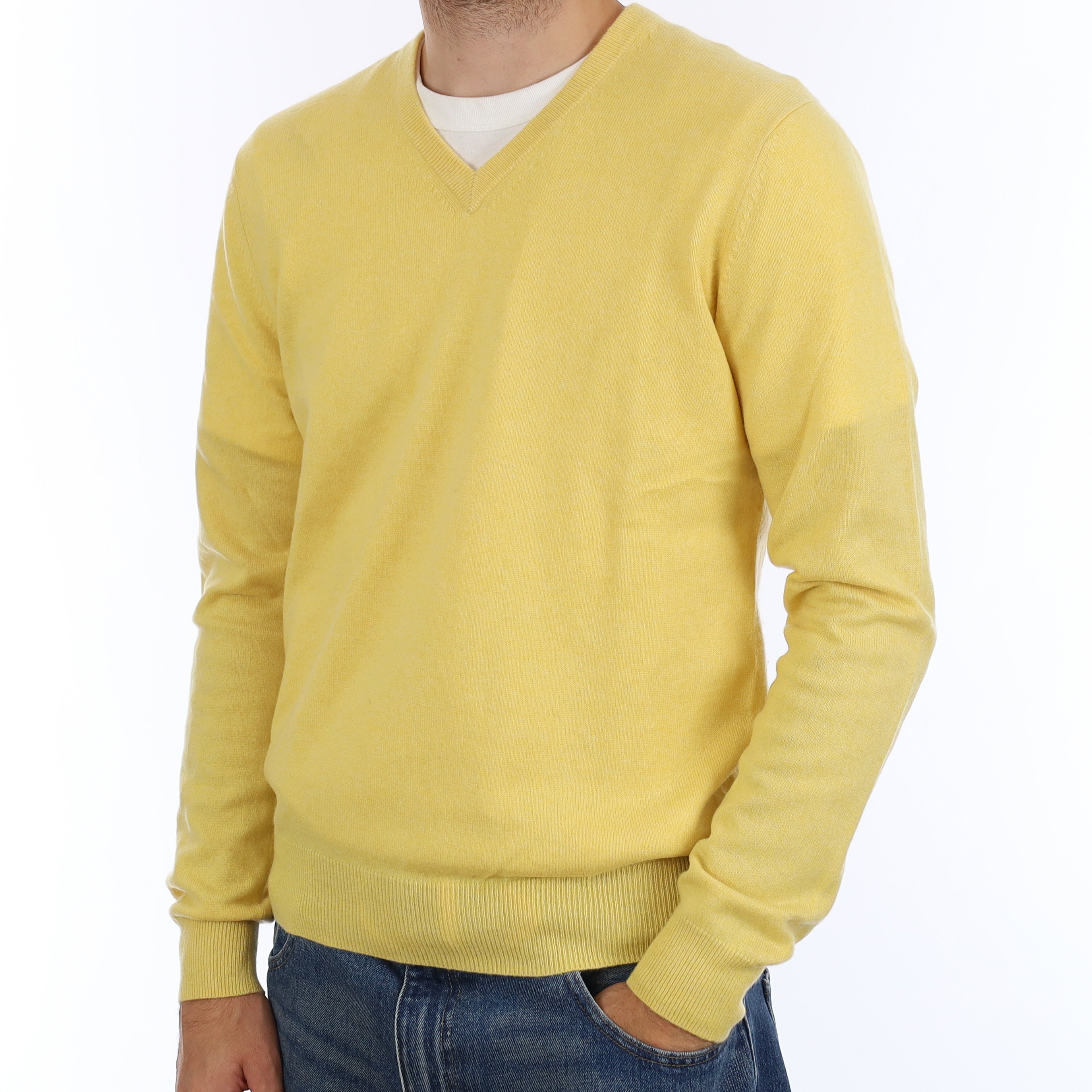 Men's Primrose Yellow Cashmere V Neck Jumper Medium