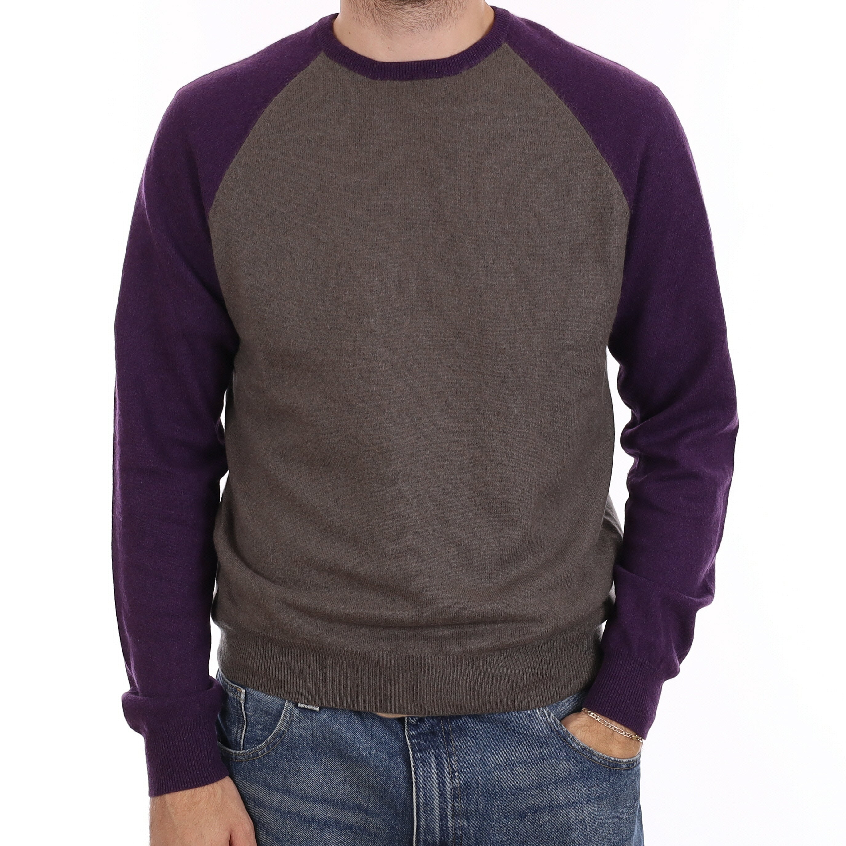 Men's Mocha & Iris Purple Cashmere Crew Neck Jumper Medium