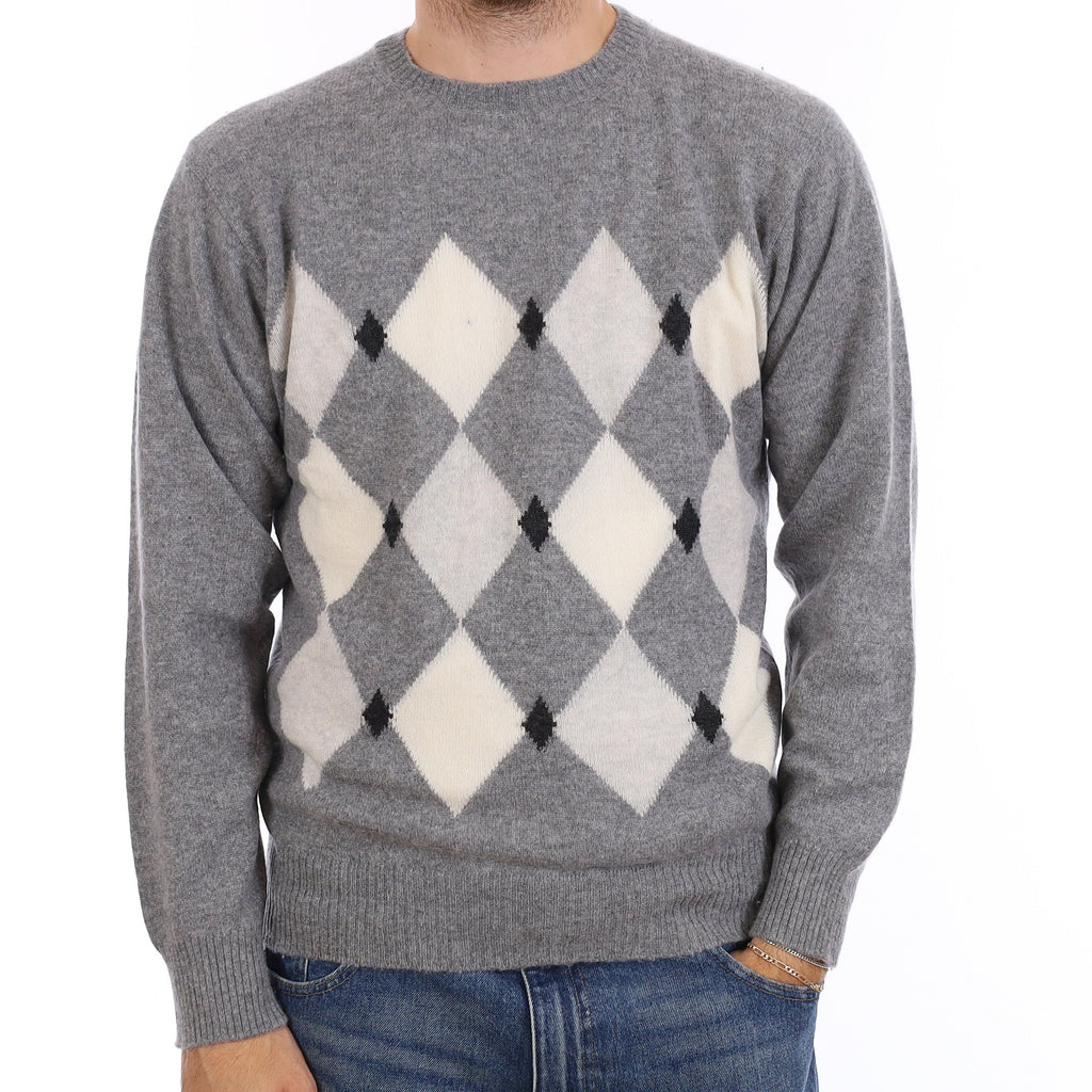 Men's Grey Diamond Cashmere Crew Neck Jumper Medium
