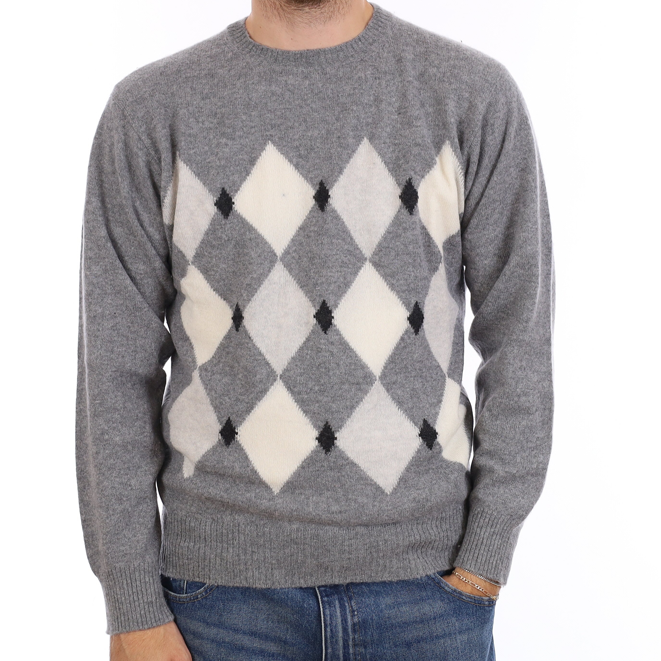 Men's Grey Diamond Cashmere Crew Neck Jumper Medium