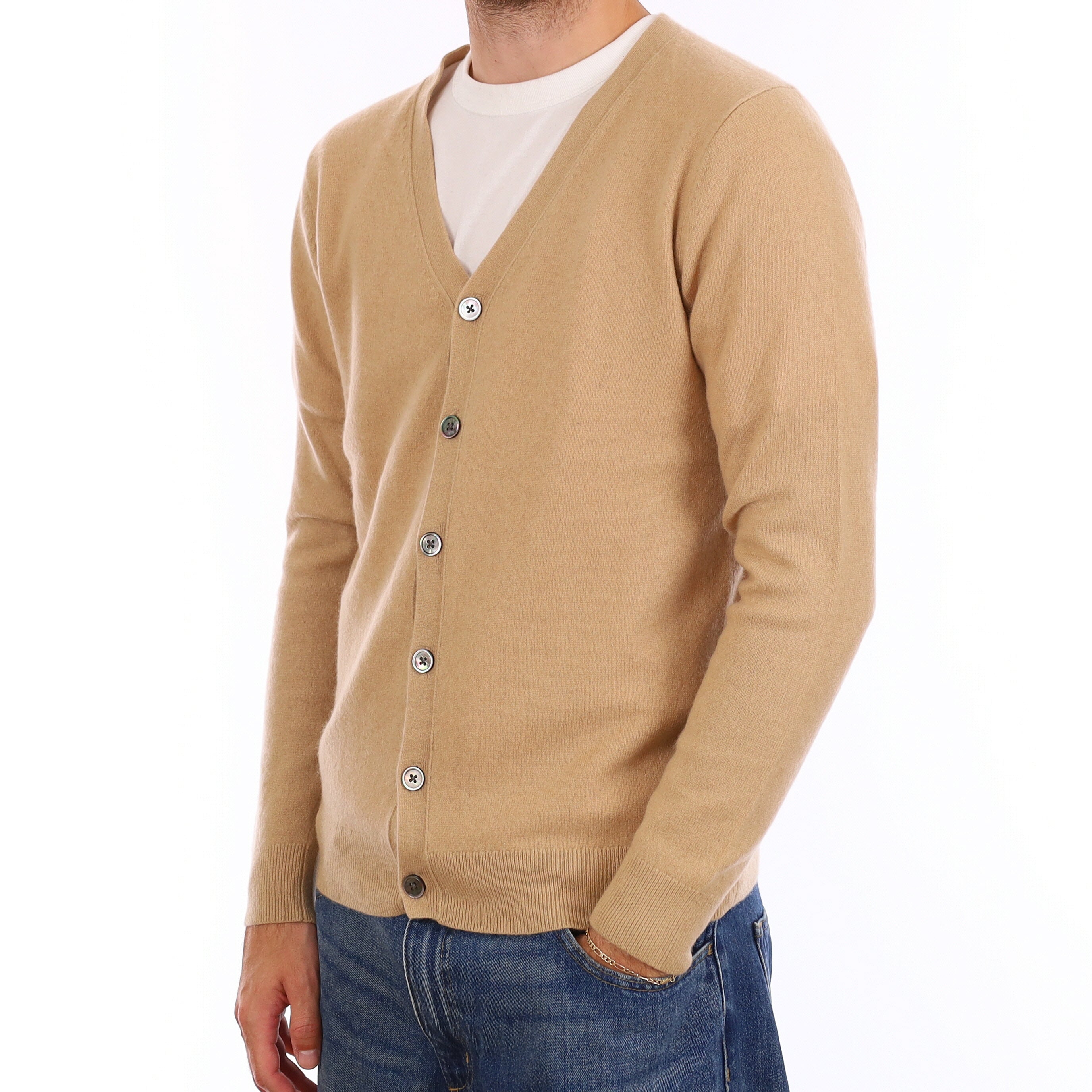 Men's Camel Cashmere V Neck Cardigan Medium
