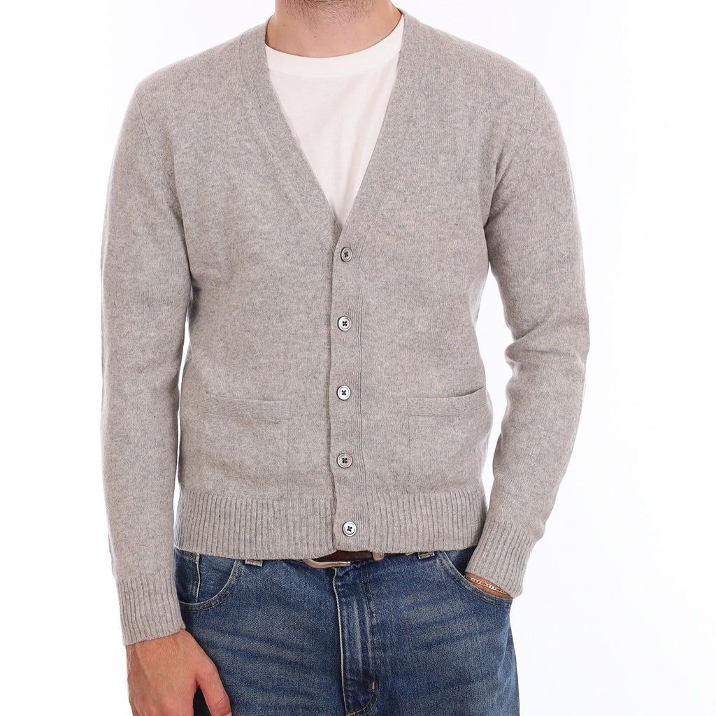 Men's Mist Grey Cashmere V Neck Cardigan with Pockets Medium