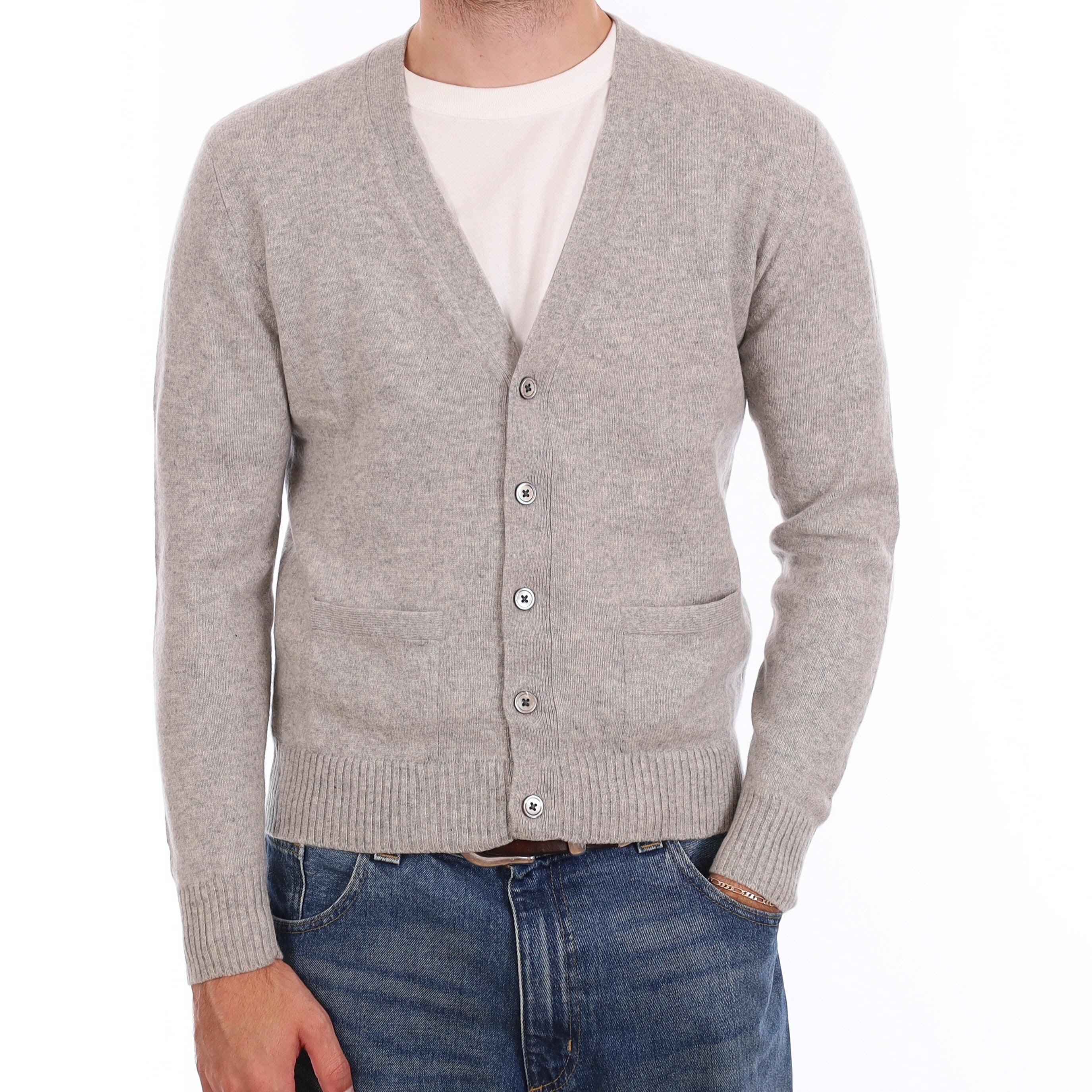 Men's Mist Grey Cashmere V Neck Cardigan with Pockets Medium