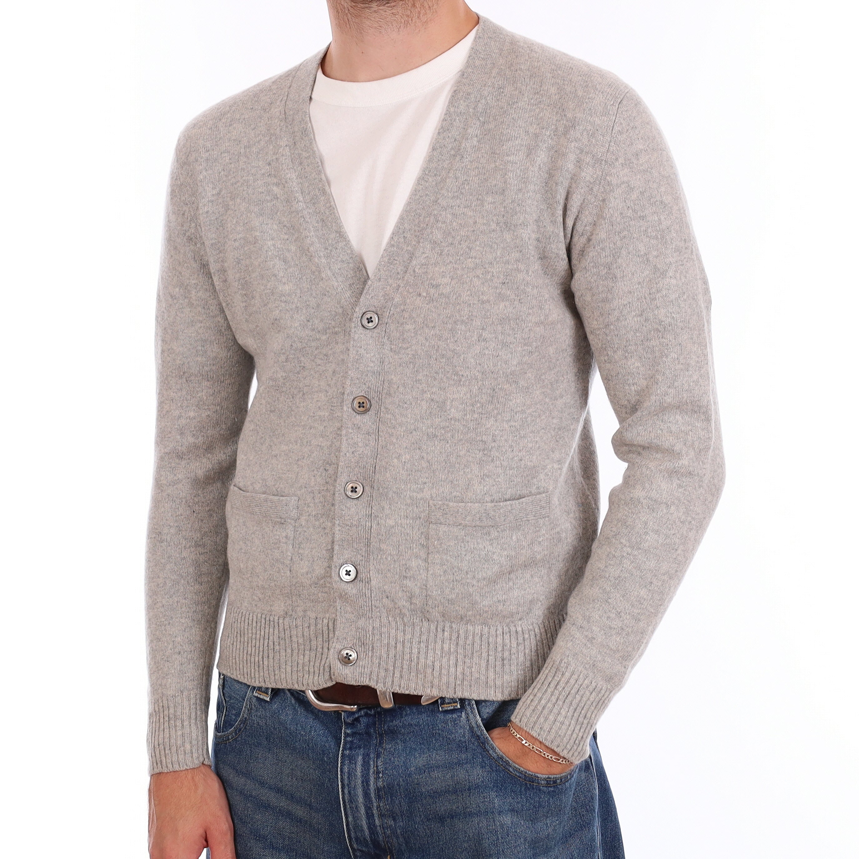 Men's Mist Grey Cashmere V Neck Cardigan with Pockets Medium