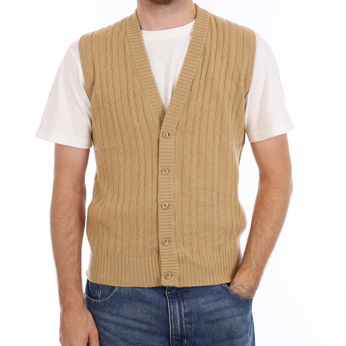 Men's Vintage Scottish Camel Cable Cashmere V Neck Waistcoat Medium