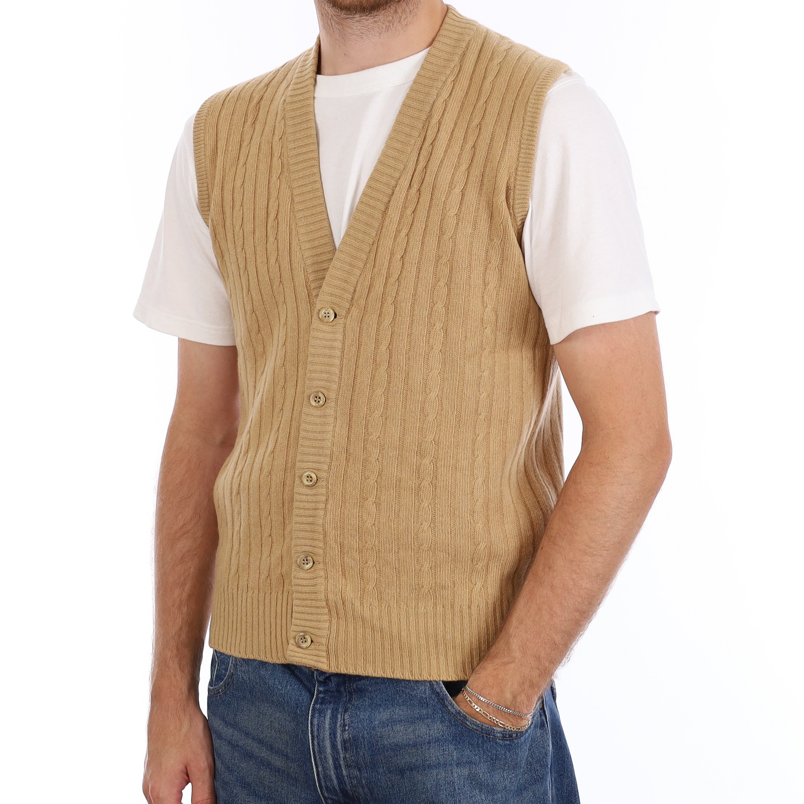 Men's Vintage Scottish Camel Cable Cashmere V Neck Waistcoat Medium