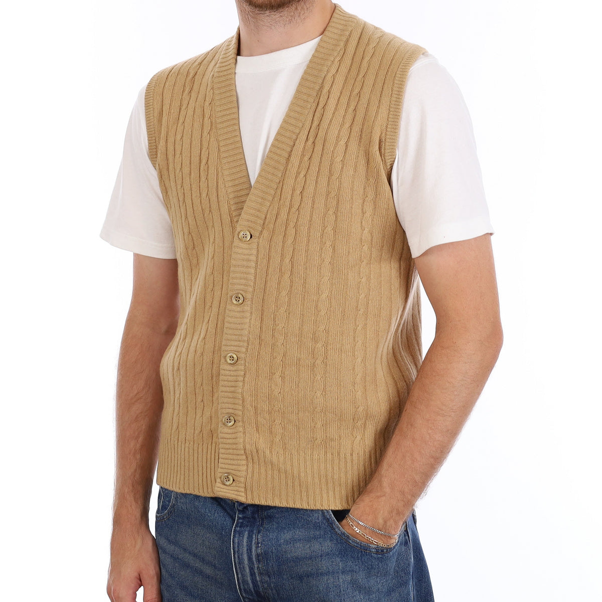 Men's Vintage Scottish Camel Cable Cashmere V Neck Waistcoat Medium