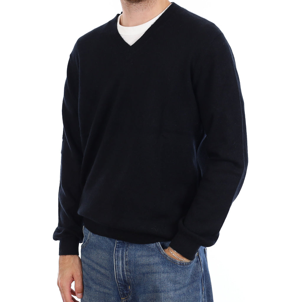 Men's Black Cashmere V Neck Jumper Large