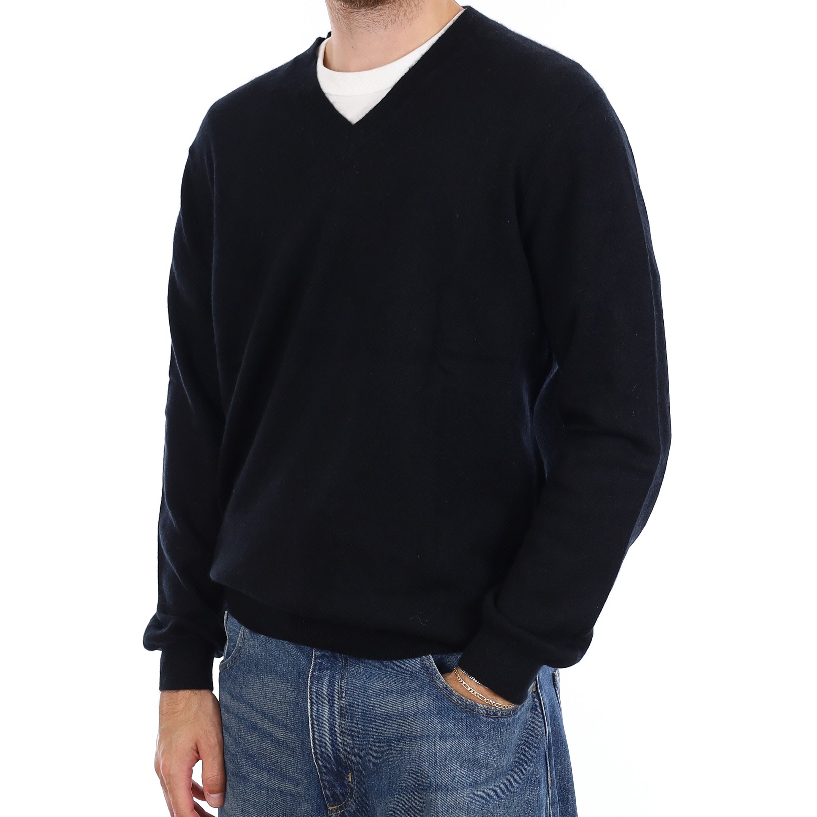 Men's Black Cashmere V Neck Jumper Large