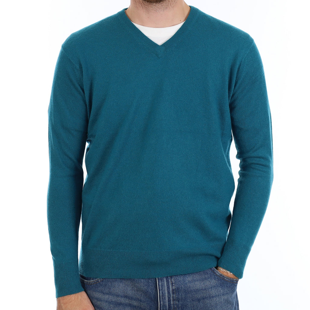 Men's Teal Cashmere V Neck Jumper Large