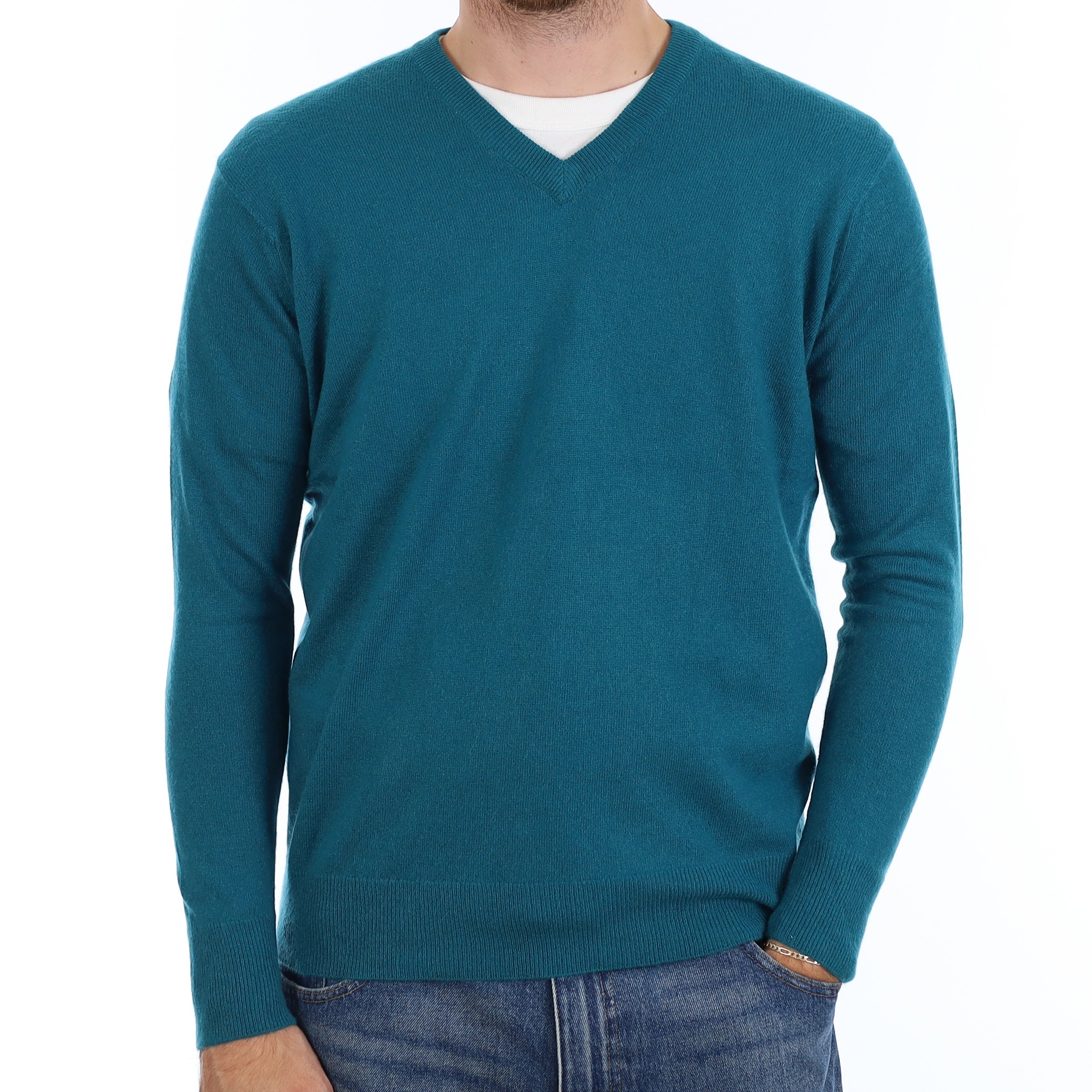 Men's Teal Cashmere V Neck Jumper Large