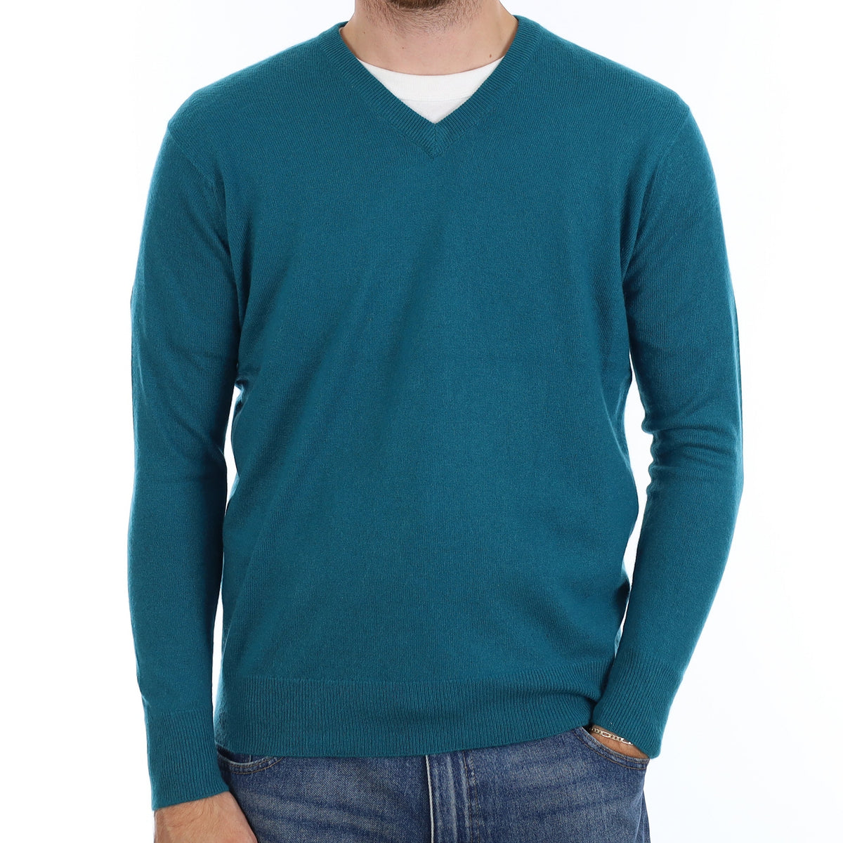 Men's Teal Cashmere V Neck Jumper Large
