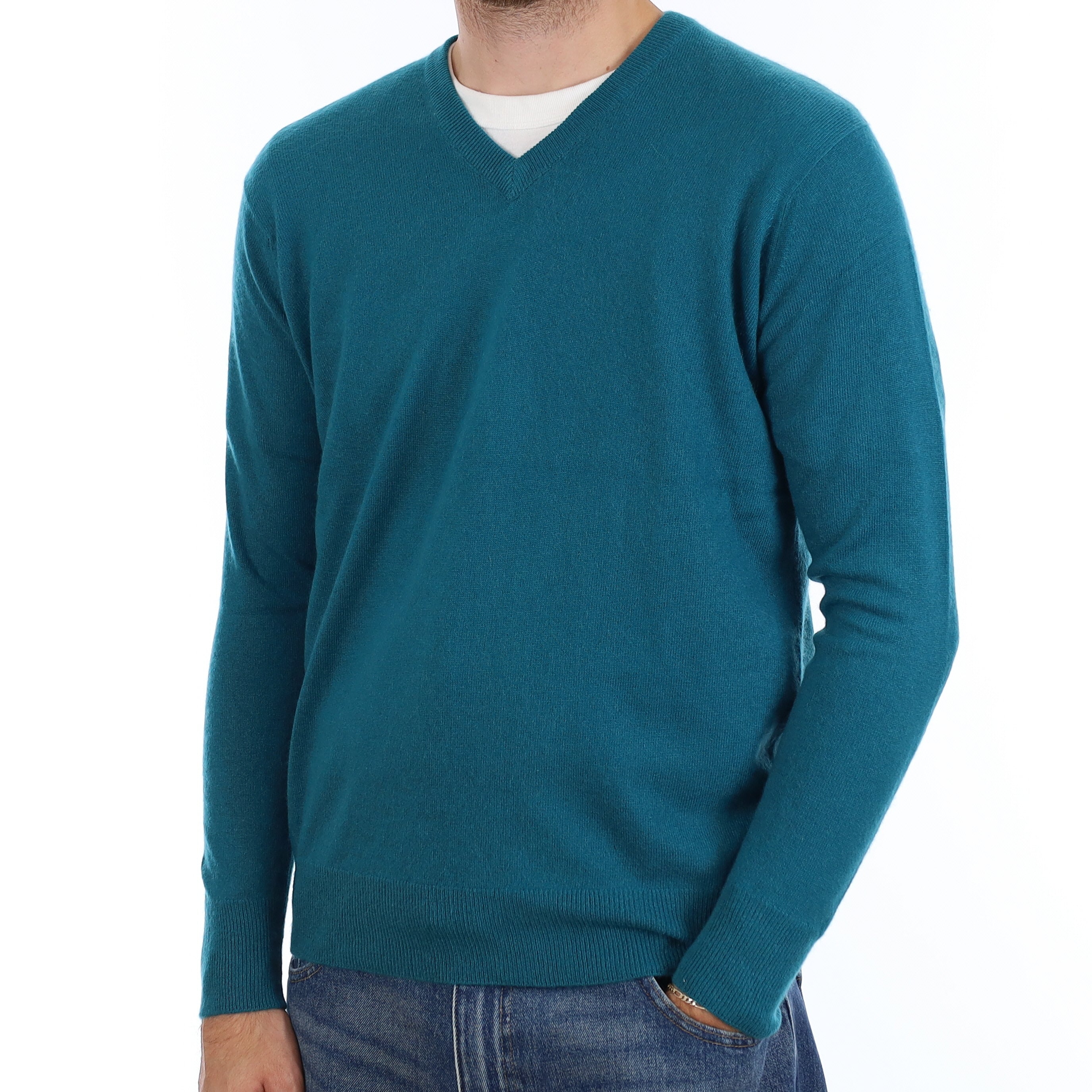 Men's Teal Cashmere V Neck Jumper Large