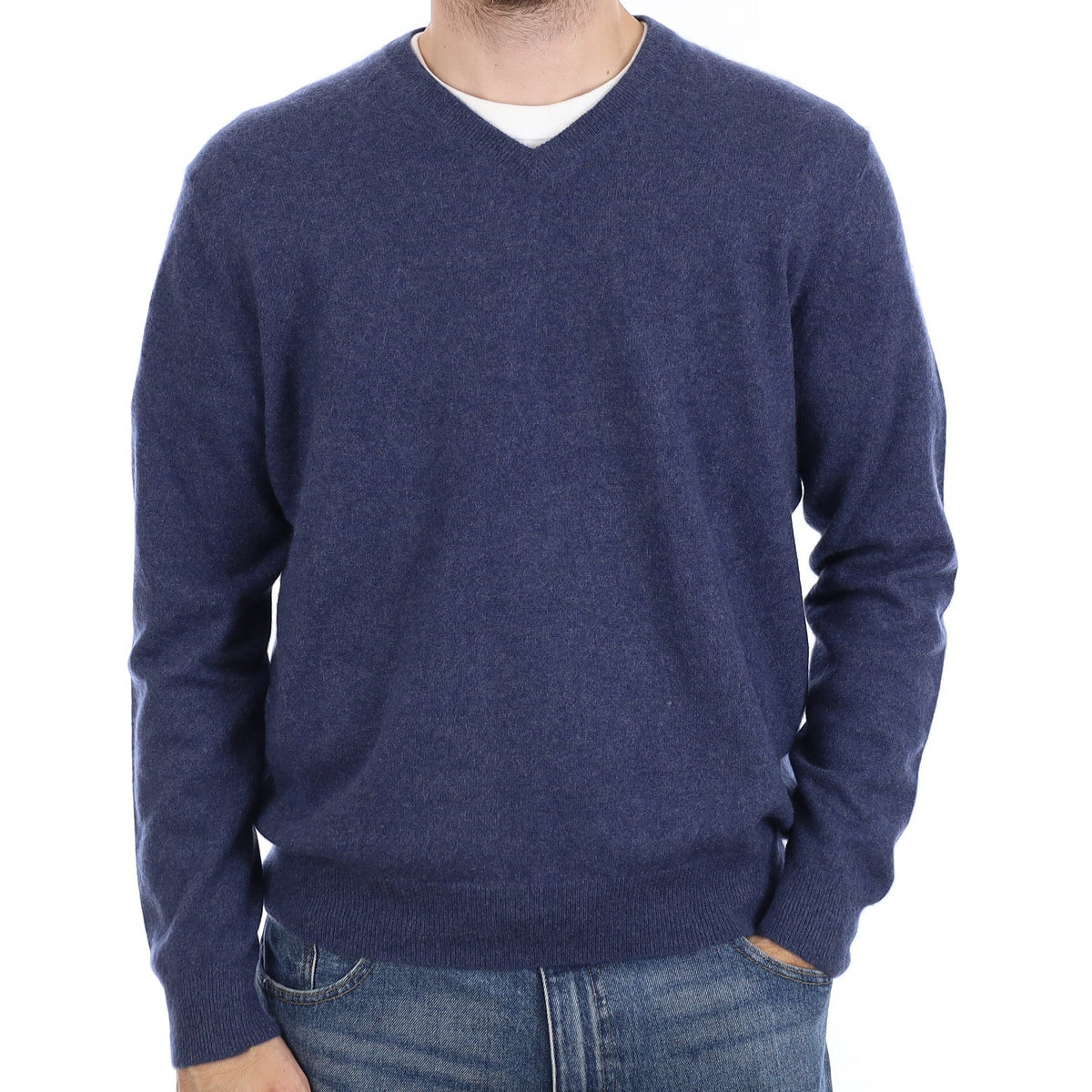 Men's Naval Blue Cashmere V Neck Jumper Large