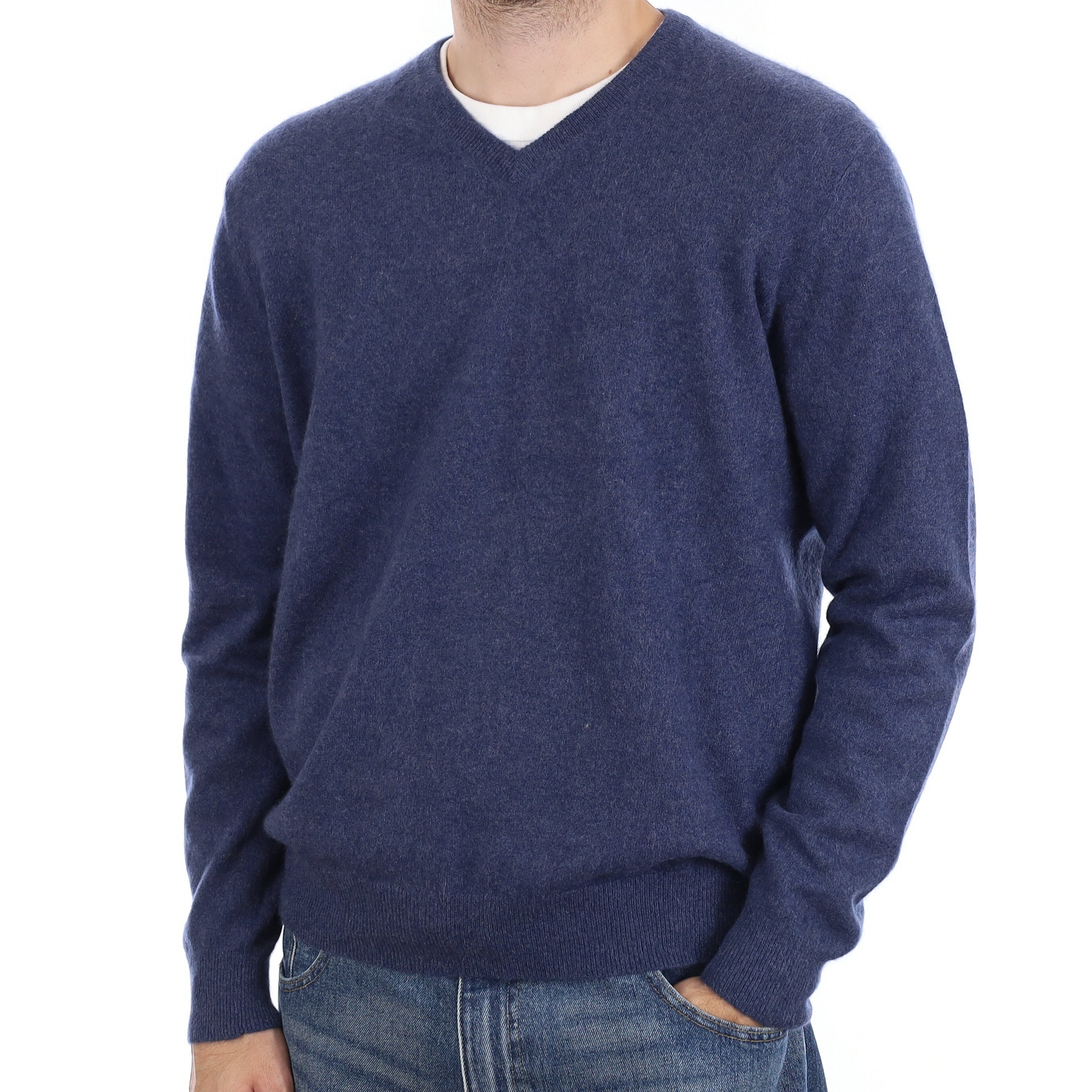 Men's Naval Blue Cashmere V Neck Jumper Large