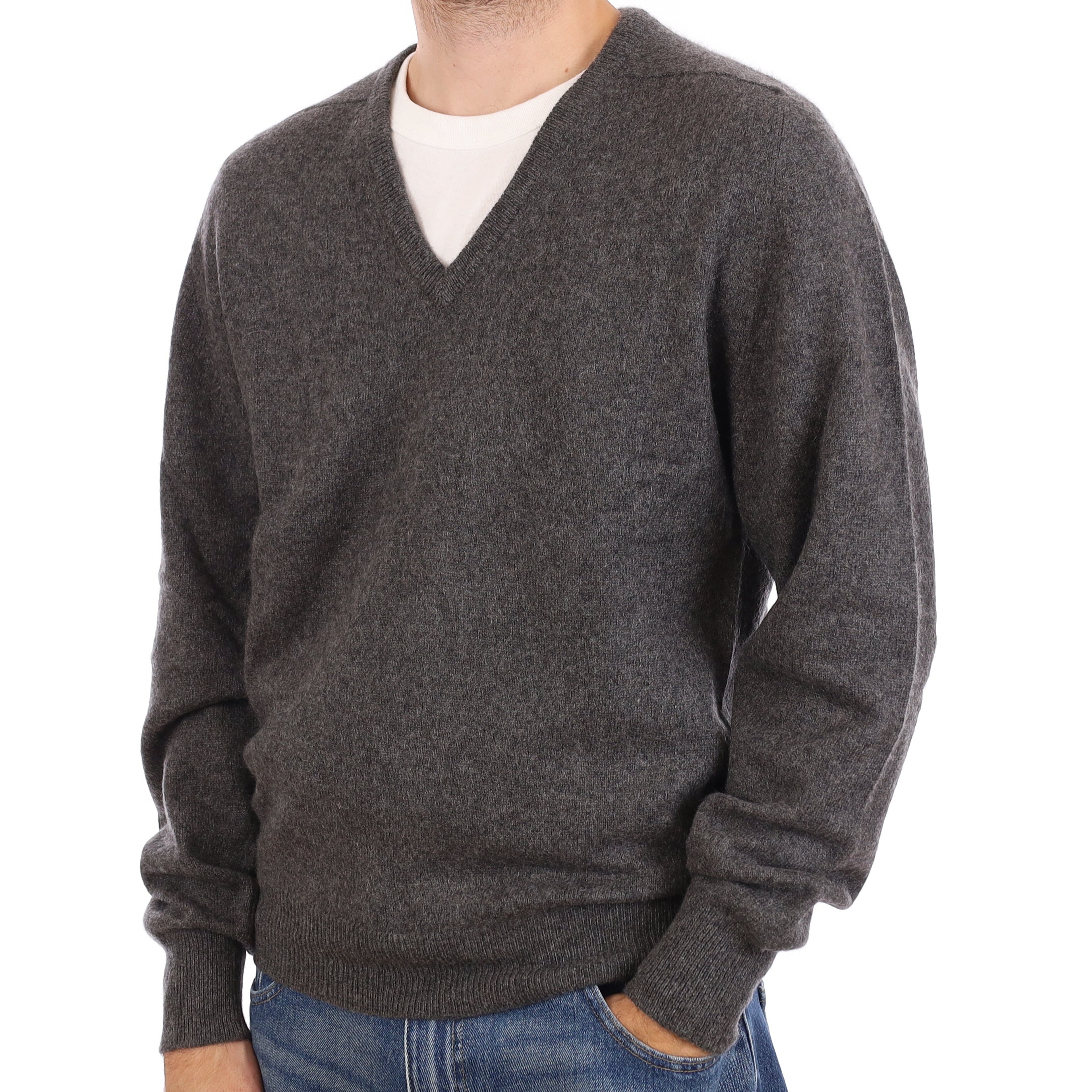 Men's Vintage Scottish Slate Grey Cashmere V Neck Jumper Large
