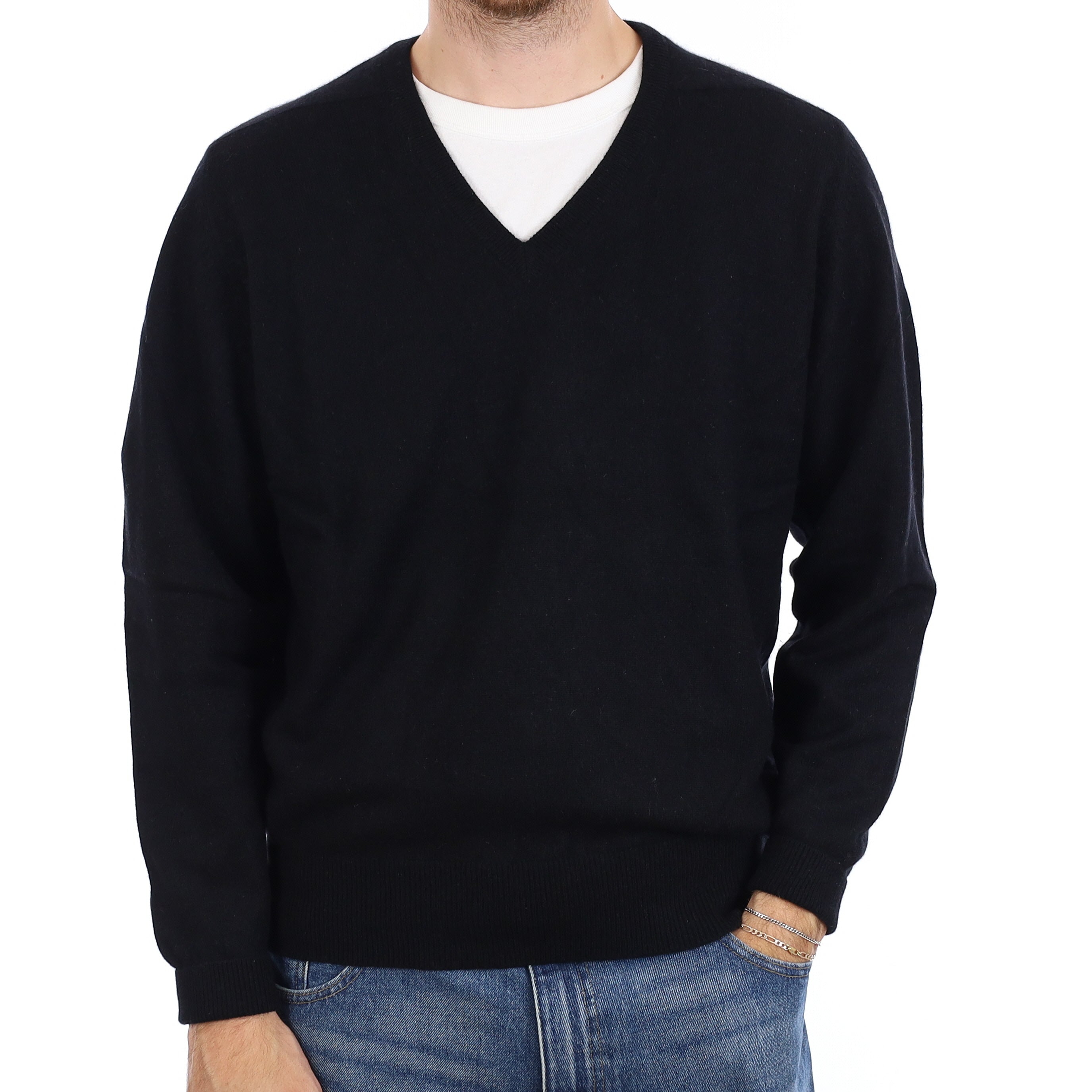 Men's Black Cashmere V Neck Jumper Large