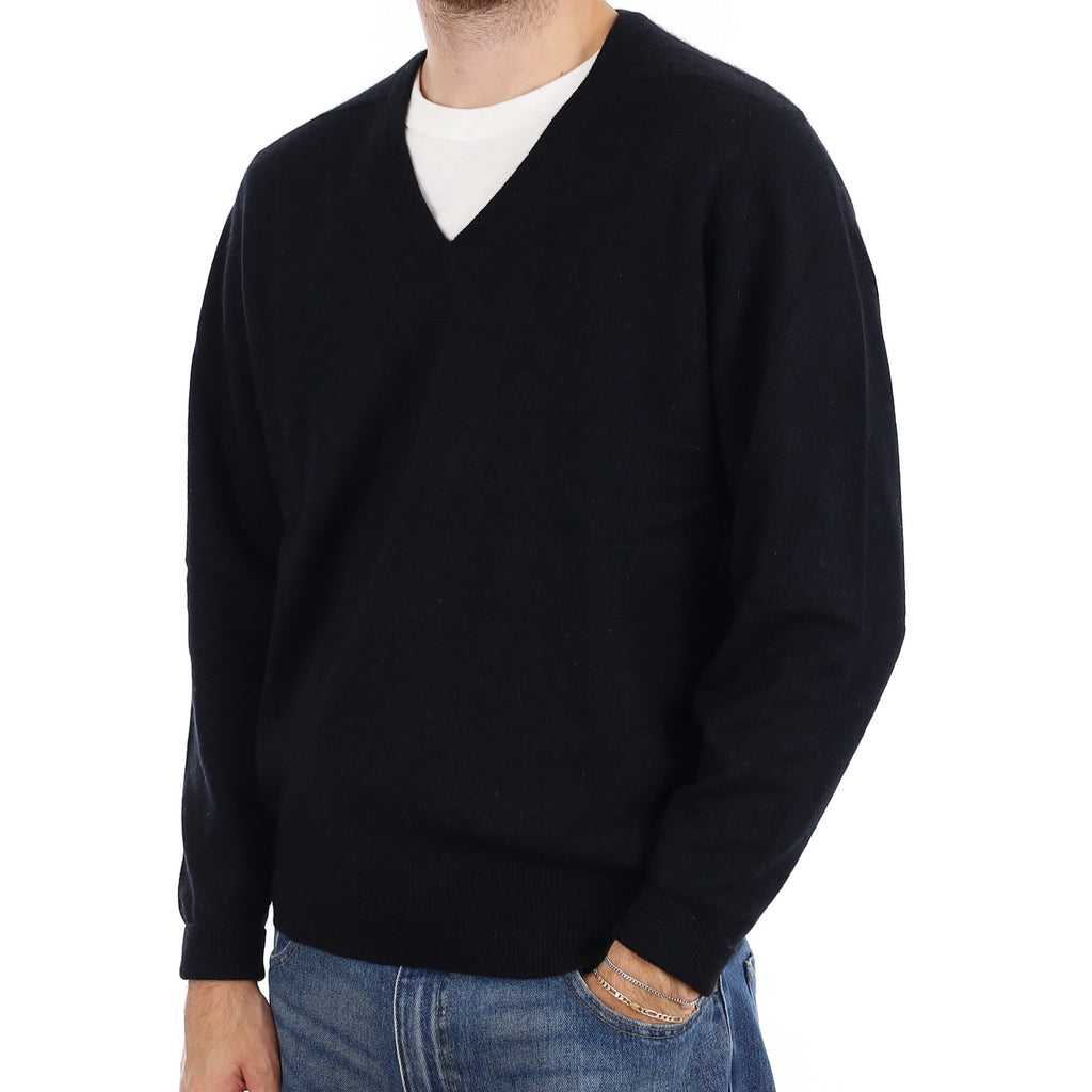 Men's Black Cashmere V Neck Jumper Large