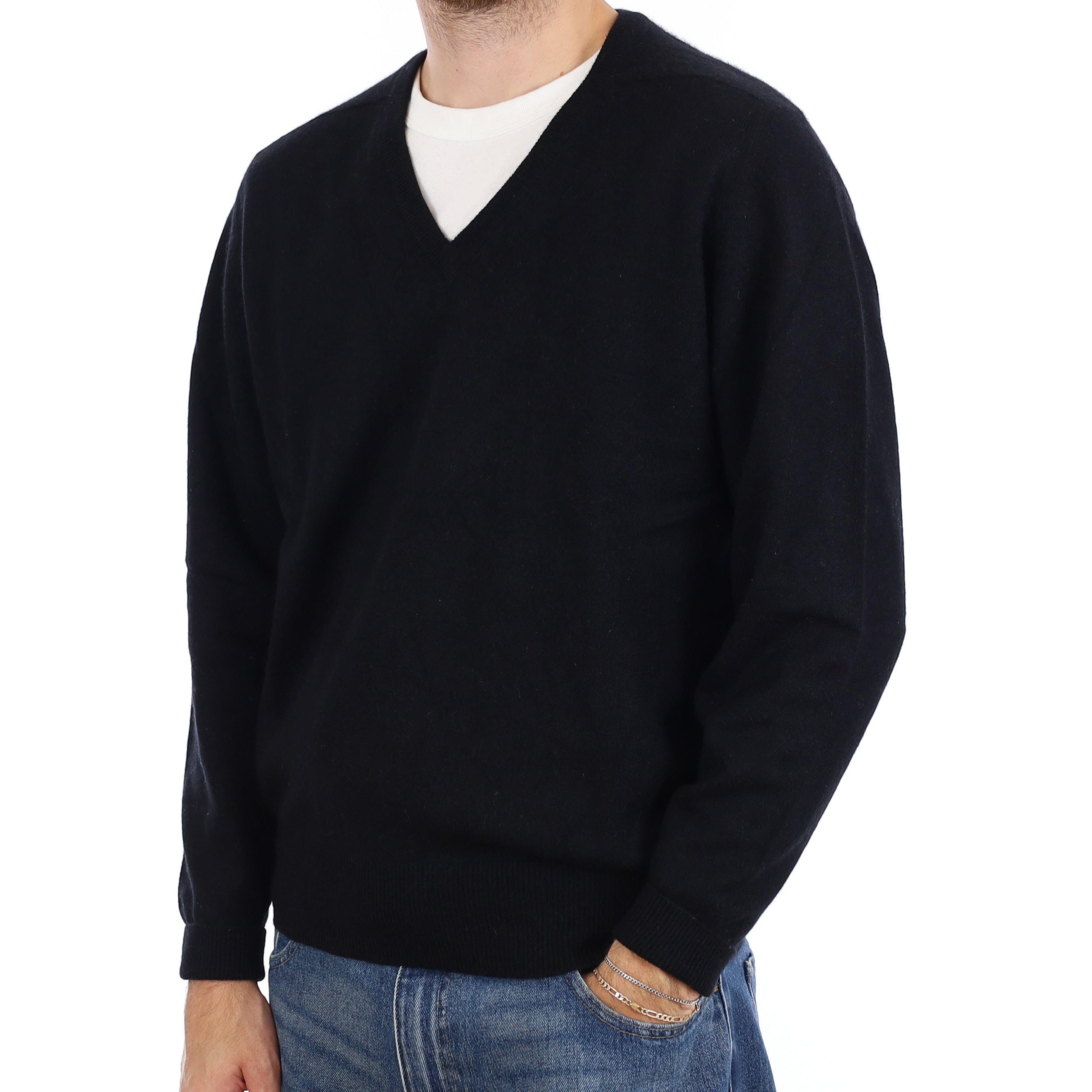 Men's Black Cashmere V Neck Jumper Large