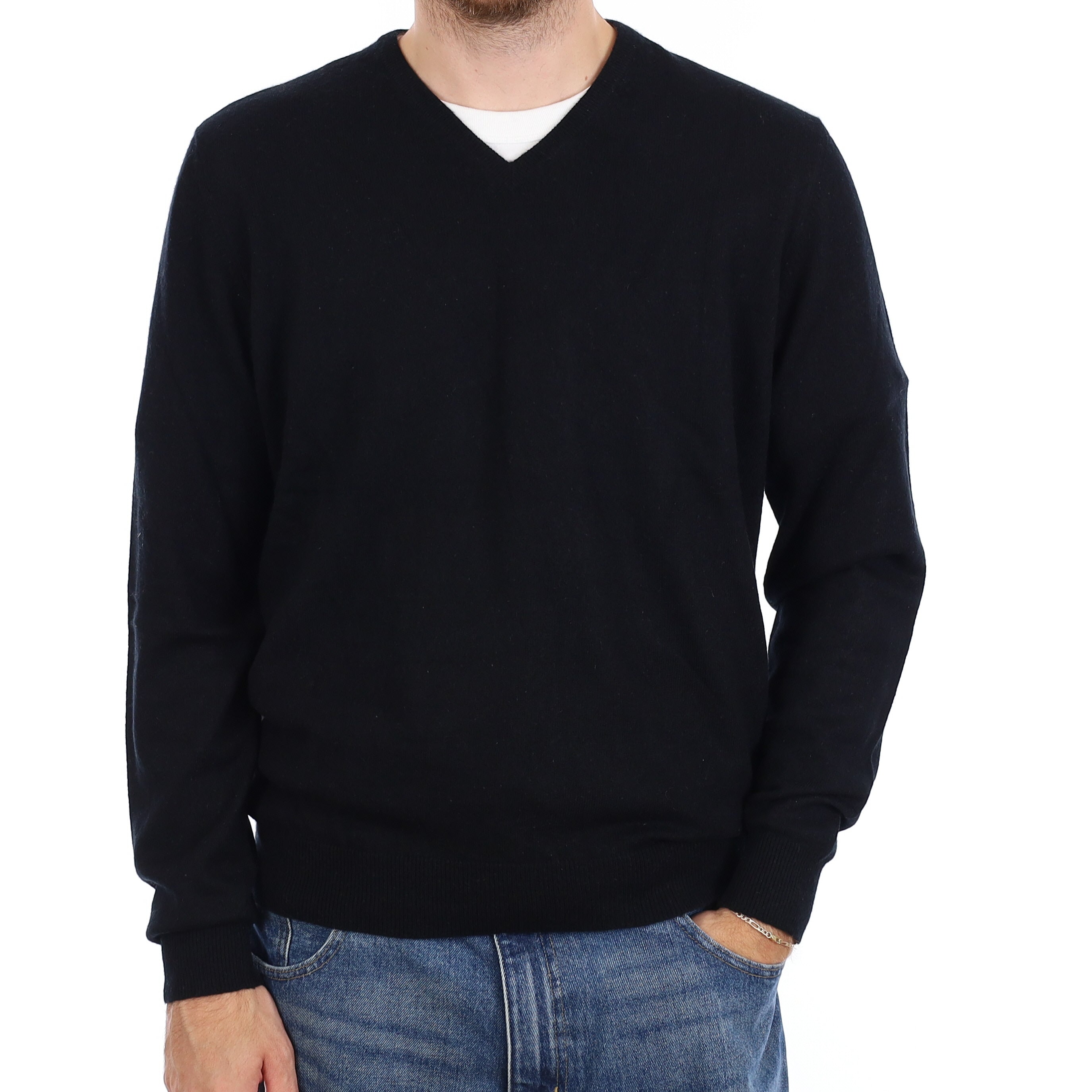 Men's Black Cashmere V Neck Jumper Large