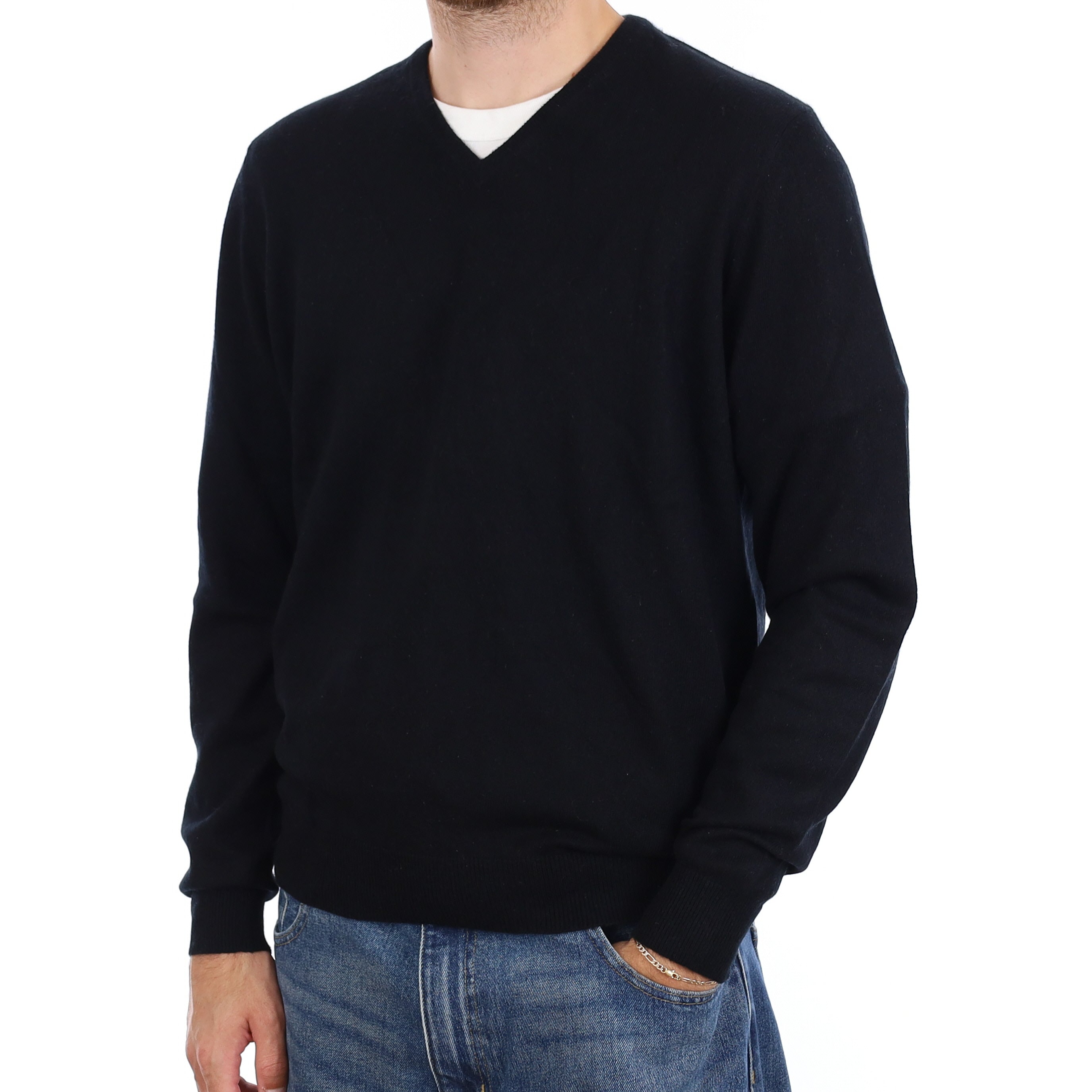 Men's Black Cashmere V Neck Jumper Large