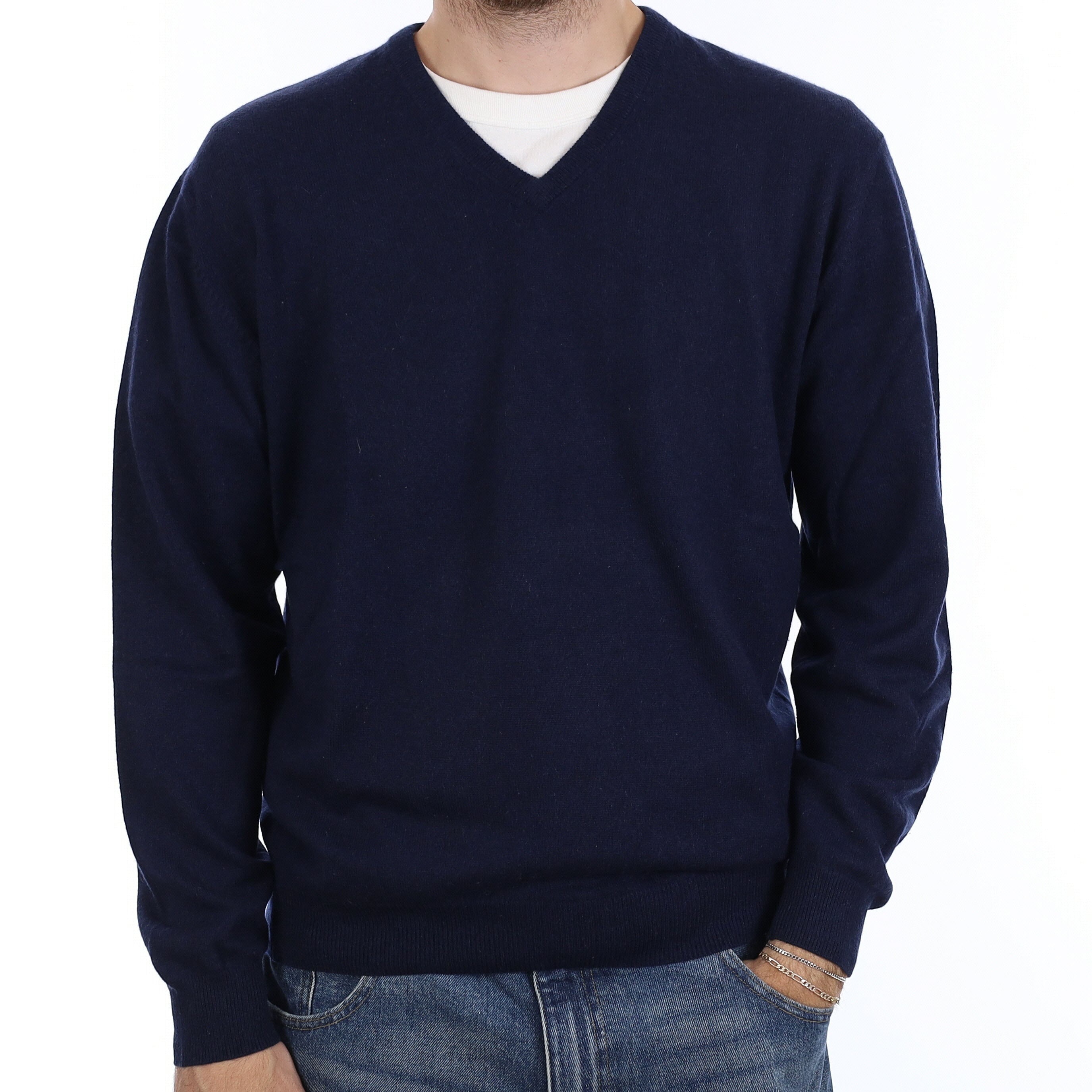 Men's Navy Cashmere V Neck Jumper Large