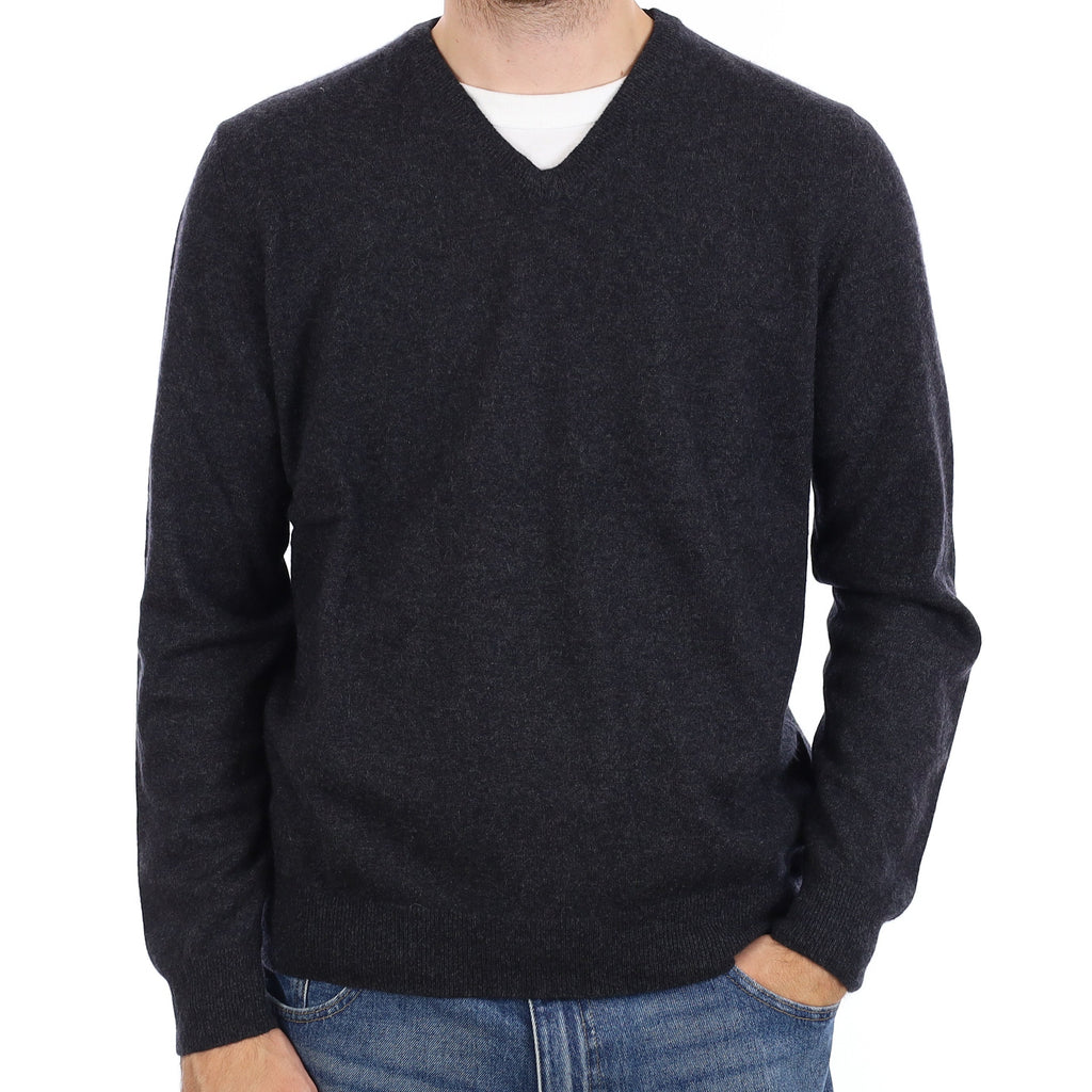 Men's Charcoal Grey Cashmere V Neck Jumper Large