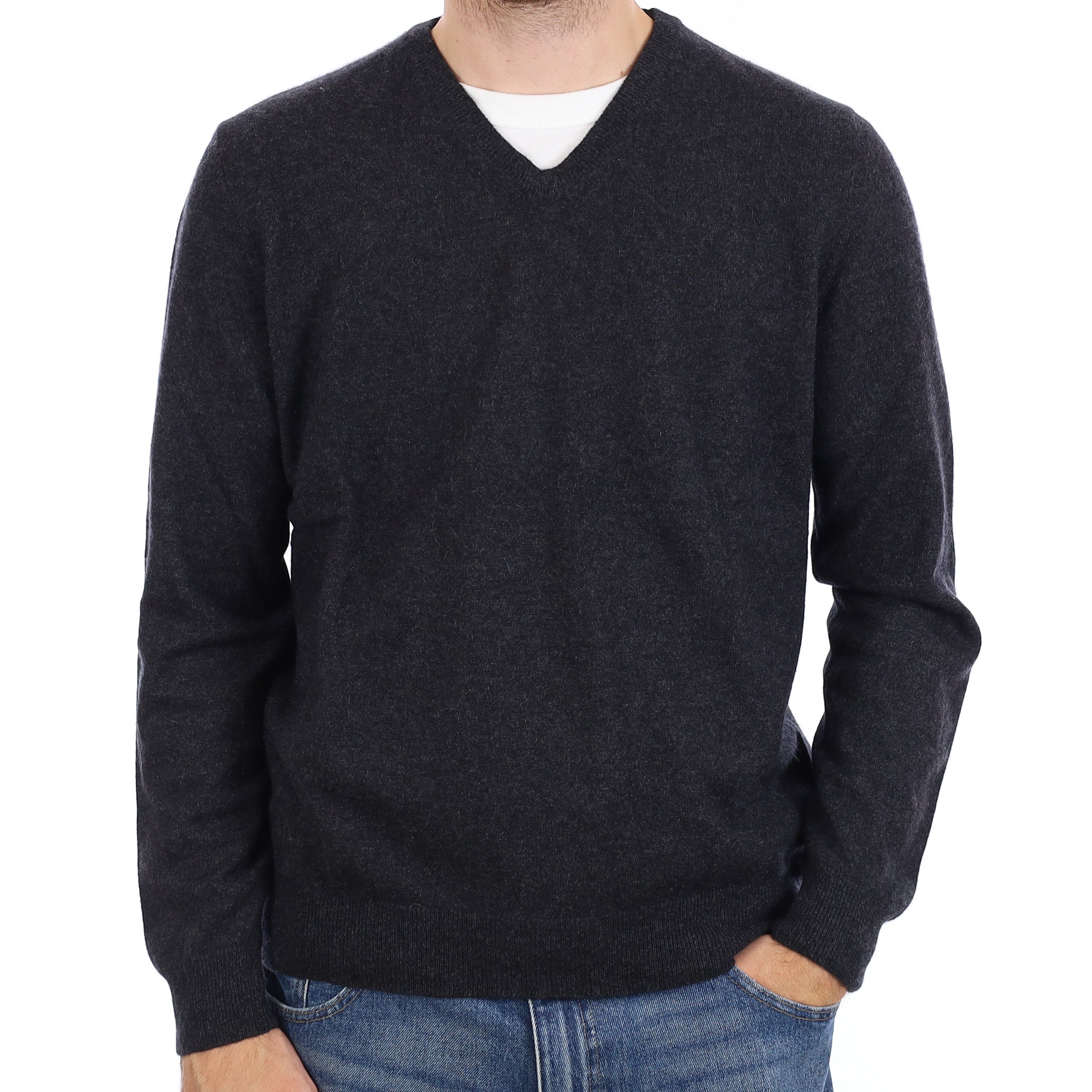 Men's Charcoal Grey Cashmere V Neck Jumper Large