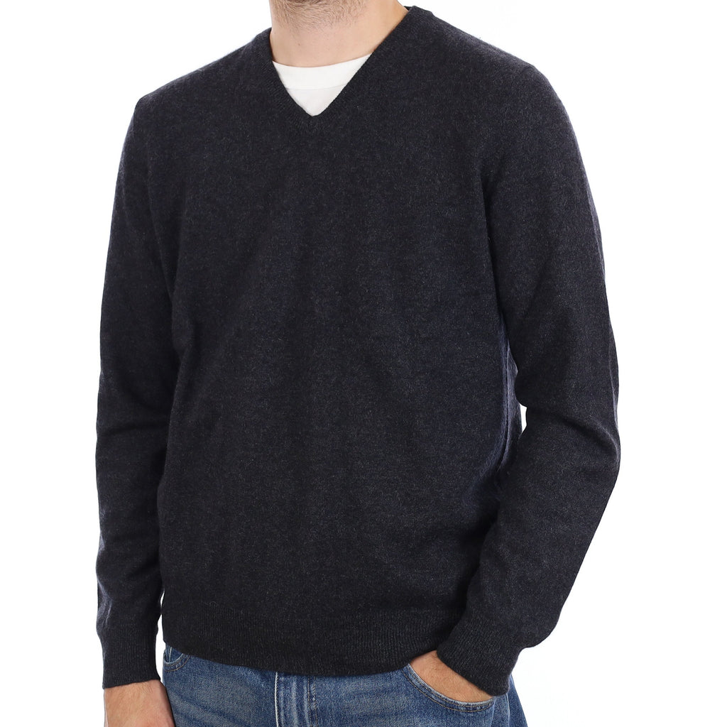 Men's Charcoal Grey Cashmere V Neck Jumper Large