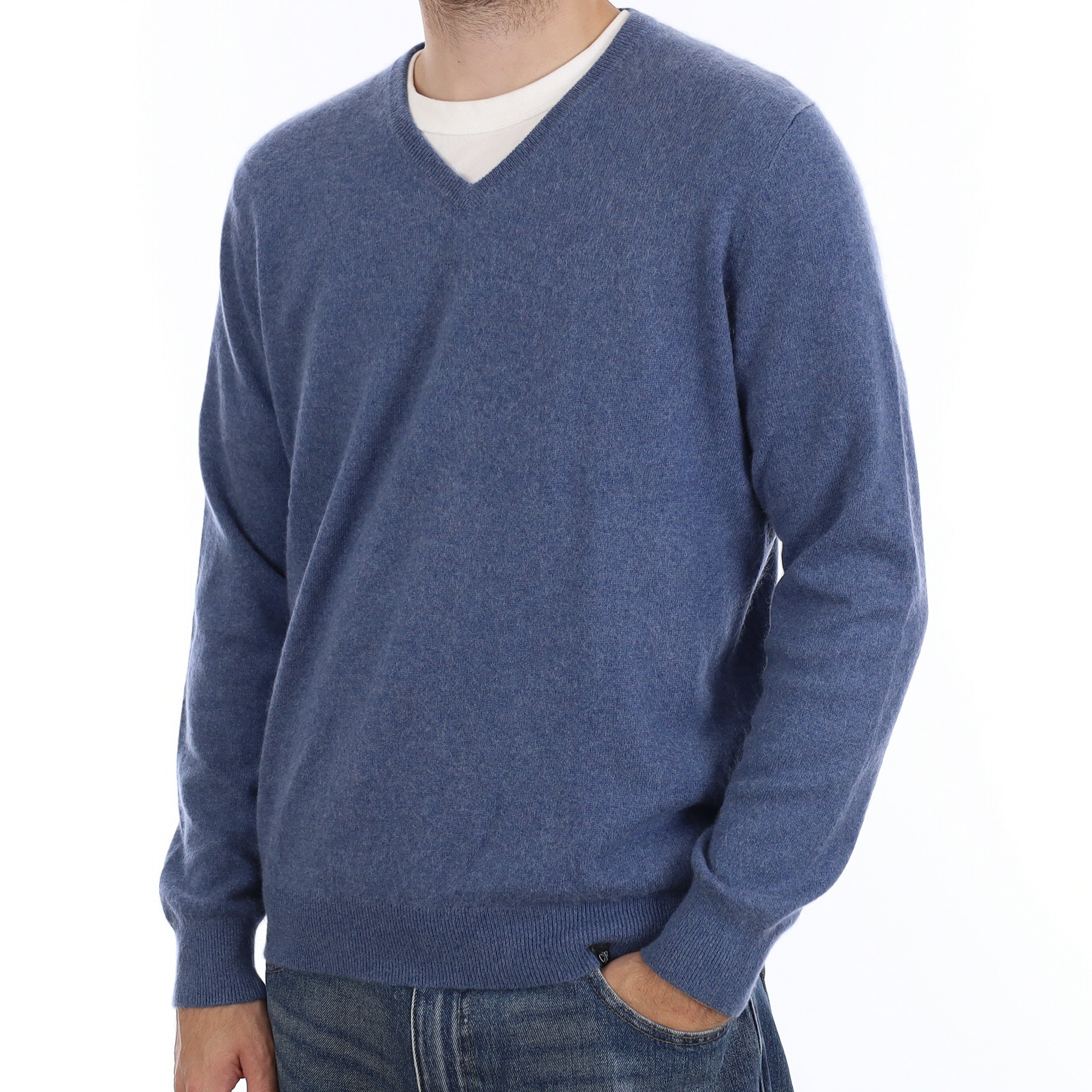 Men's Denim Blue Cashmere V Neck Jumper Large