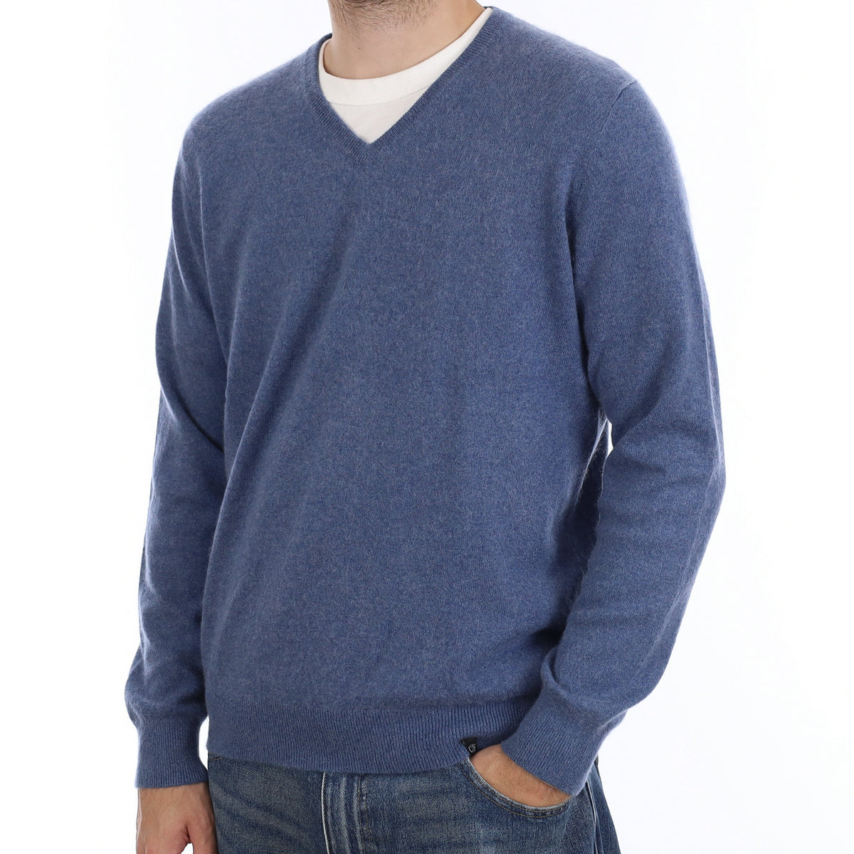 Men's Denim Blue Cashmere V Neck Jumper Large