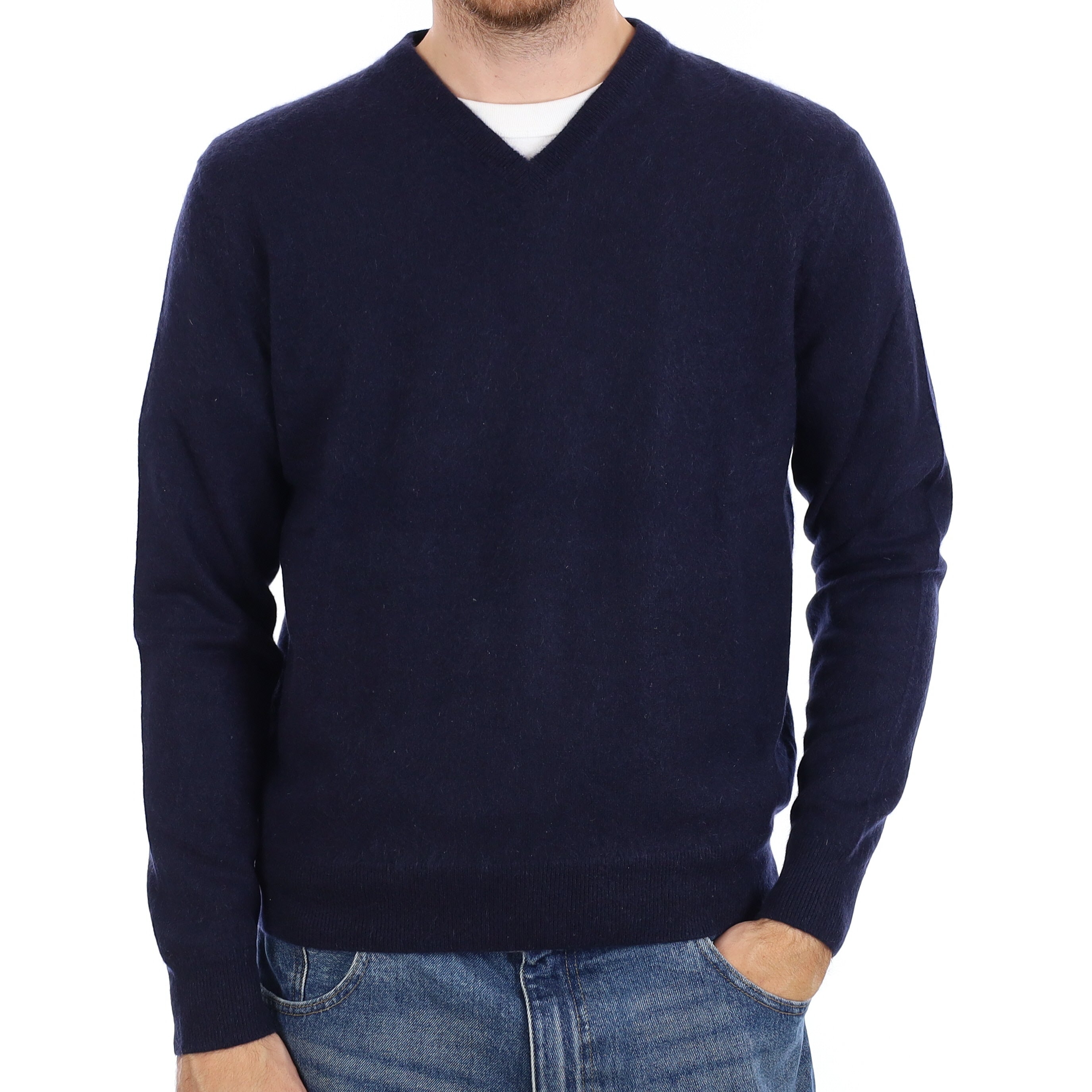 Men's Navy Cashmere V Neck Jumper Large